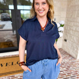 The Soft Collared Top - Navy-210 Casual Blouses-ENTRO-July & June Women's Fashion Boutique Located in San Antonio, Texas