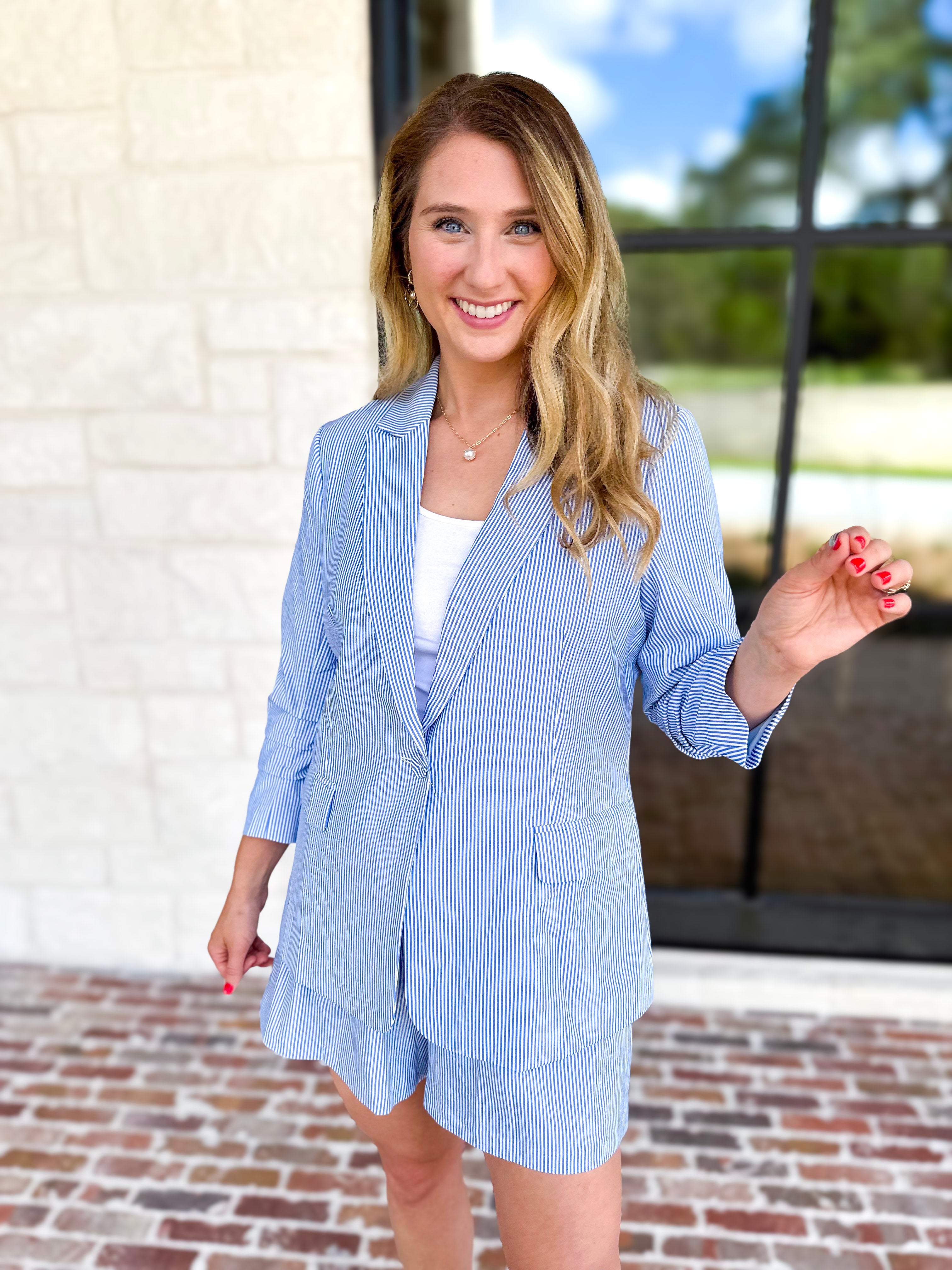 The Elevated Easer Blazer-600 Outerwear-SKIES ARE BLUE-July & June Women's Fashion Boutique Located in San Antonio, Texas