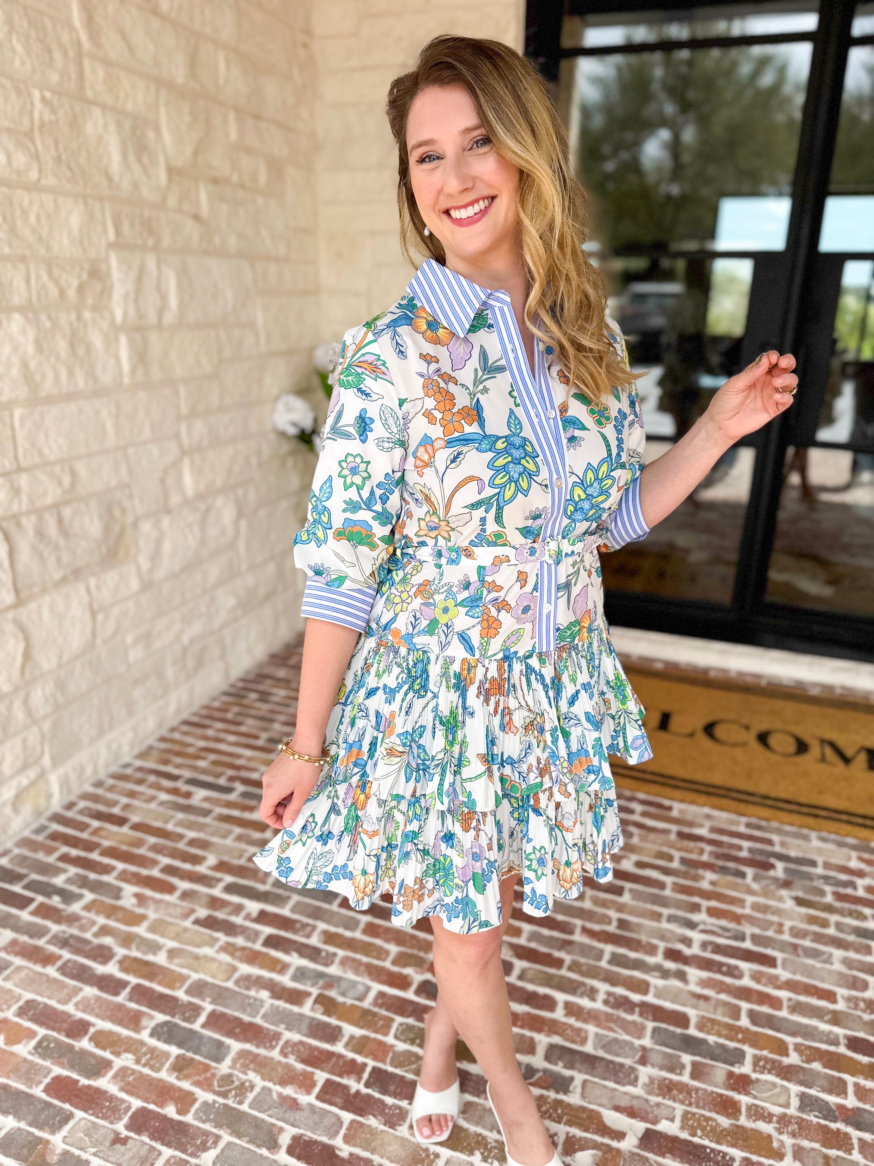 Current Air - Floral Contrast Stripe Mini Dress-510 Mini-CURRENT AIR CLOTHING-July & June Women's Fashion Boutique Located in San Antonio, Texas