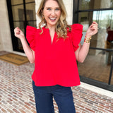 Flutter Sleeve Poplin Blouse - Red-200 Fashion Blouses-STRUT & BOLT-July & June Women's Fashion Boutique Located in San Antonio, Texas
