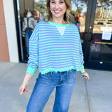 Seafoam Striped Long Sleeve Top-210 Casual Blouses-VEVERET CLOTHING-July & June Women's Fashion Boutique Located in San Antonio, Texas