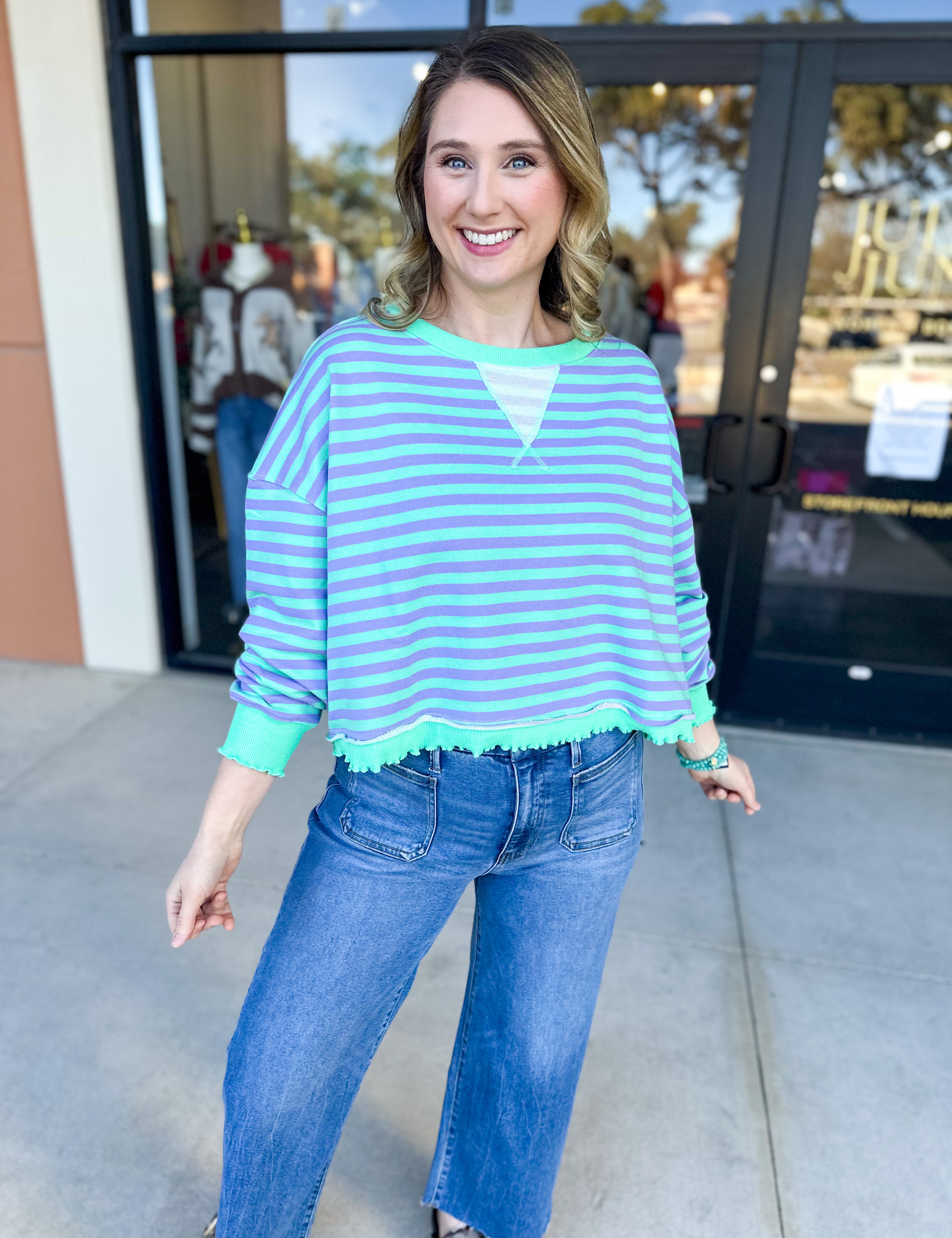 Seafoam Striped Long Sleeve Top-210 Casual Blouses-VEVERET CLOTHING-July & June Women's Fashion Boutique Located in San Antonio, Texas