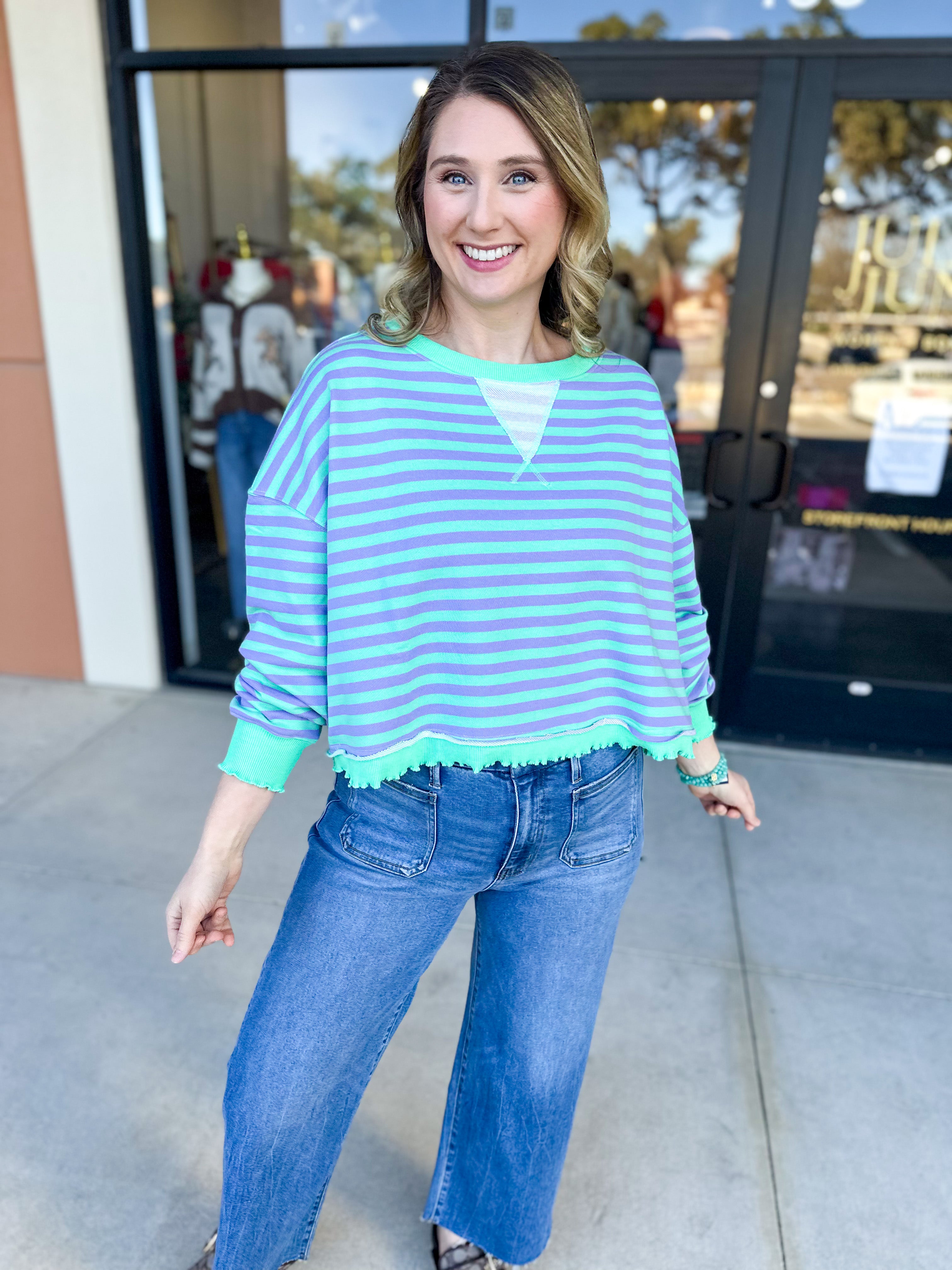 Seafoam Striped Long Sleeve Top-210 Casual Blouses-VEVERET CLOTHING-July & June Women's Fashion Boutique Located in San Antonio, Texas