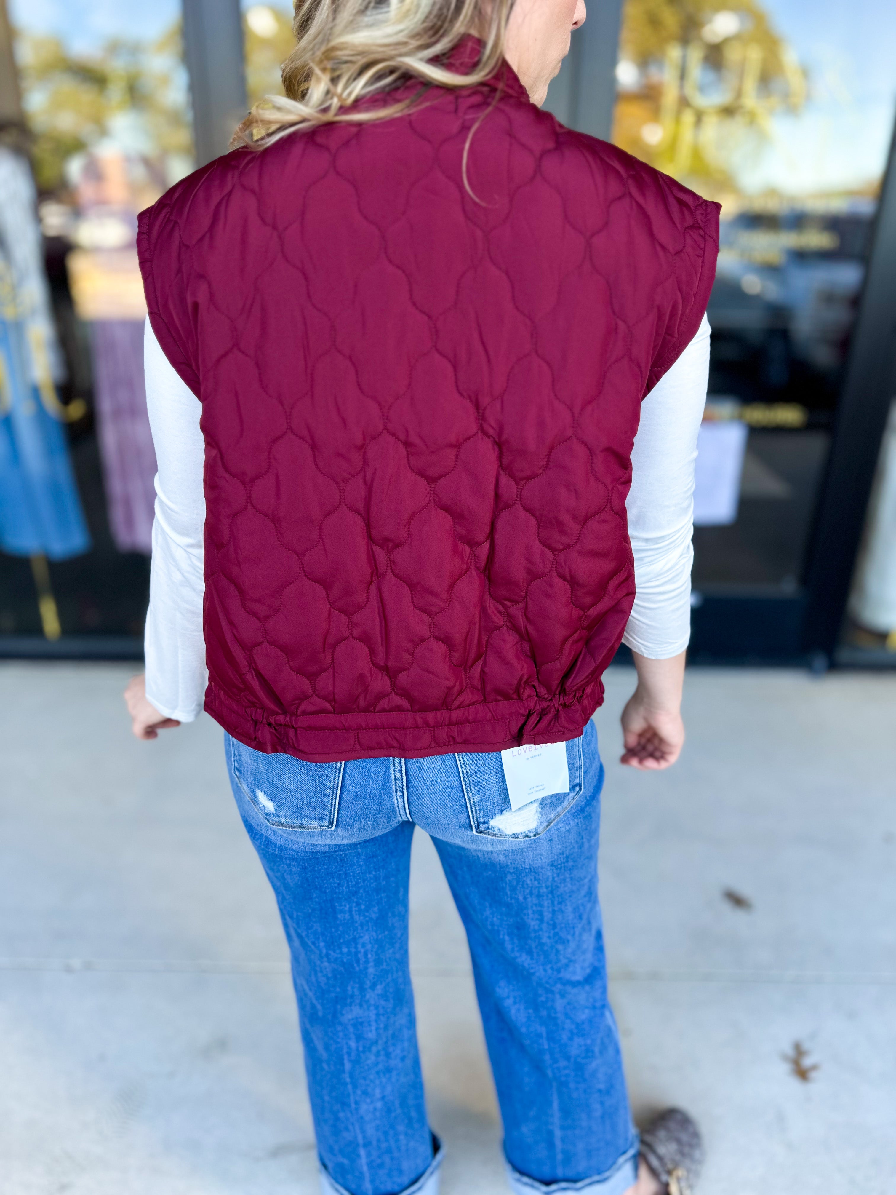 Quilted Bow Vest - Burgundy-600 Outerwear-BLU PEPPER-July & June Women's Fashion Boutique Located in San Antonio, Texas
