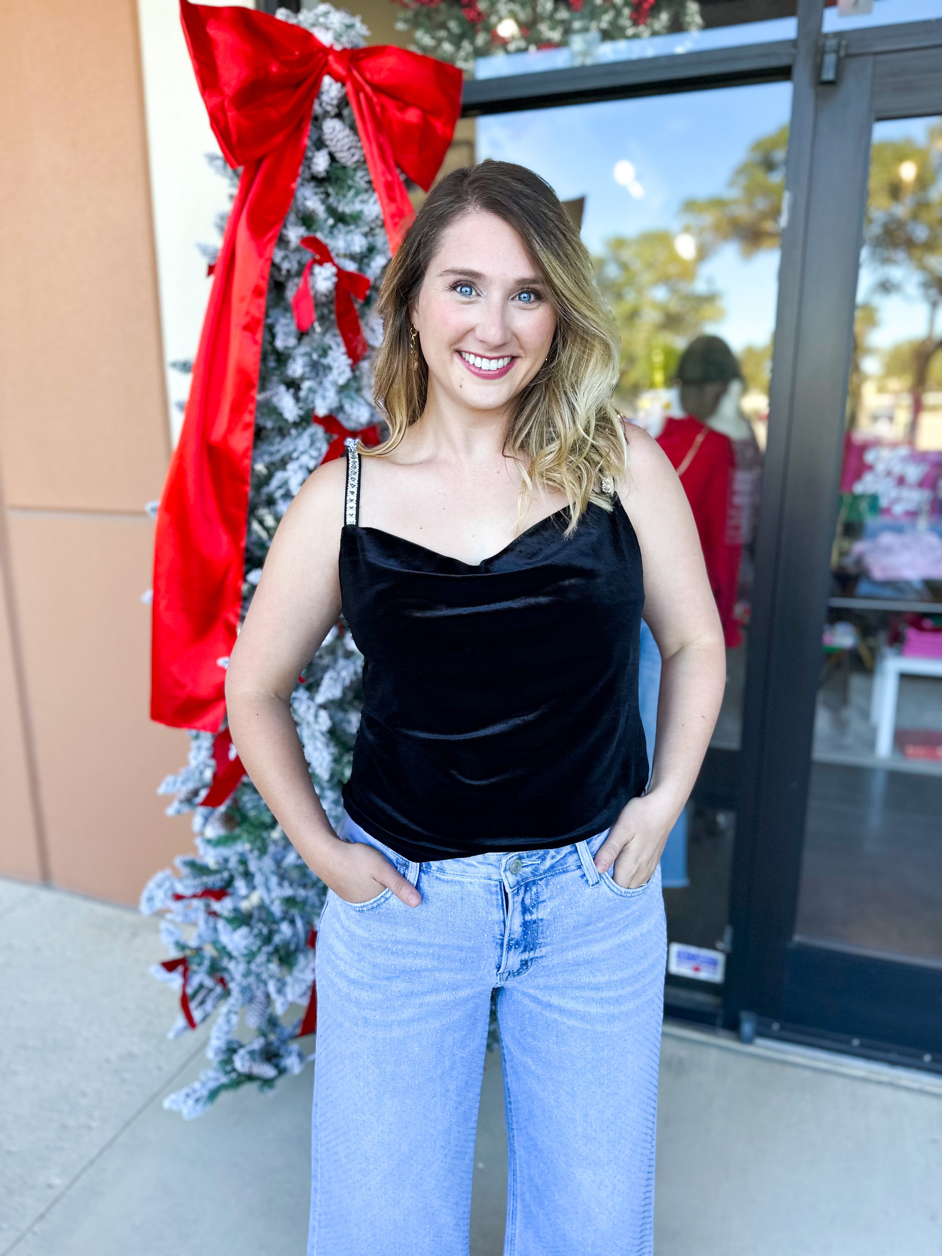 Velvet & Rhinestone Cami-200 Fashion Blouses-SKIES ARE BLUE-July & June Women's Fashion Boutique Located in San Antonio, Texas
