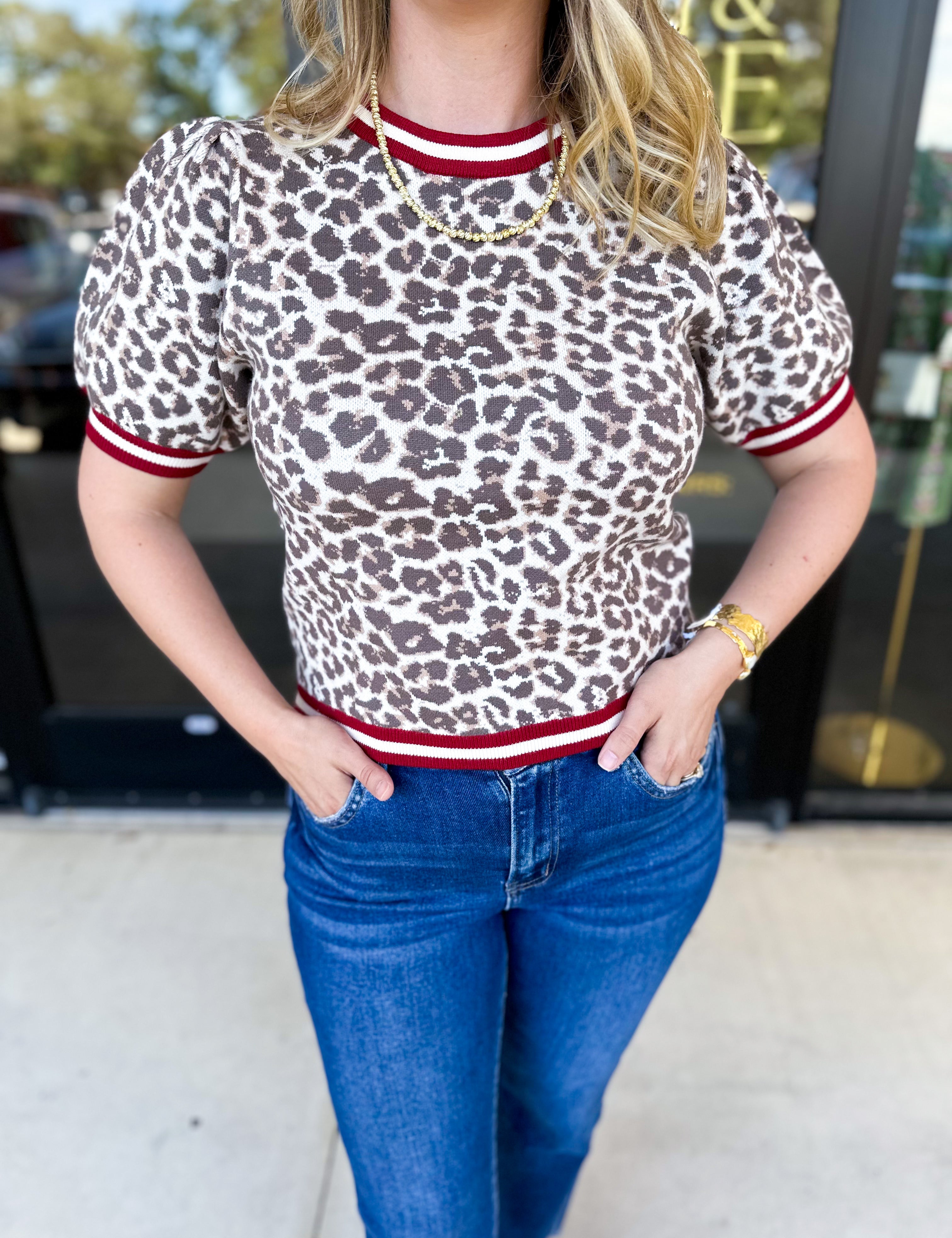 Varsity Leopard Sweater Top - Red-210 Casual Blouses-ENTRO-July & June Women's Fashion Boutique Located in San Antonio, Texas