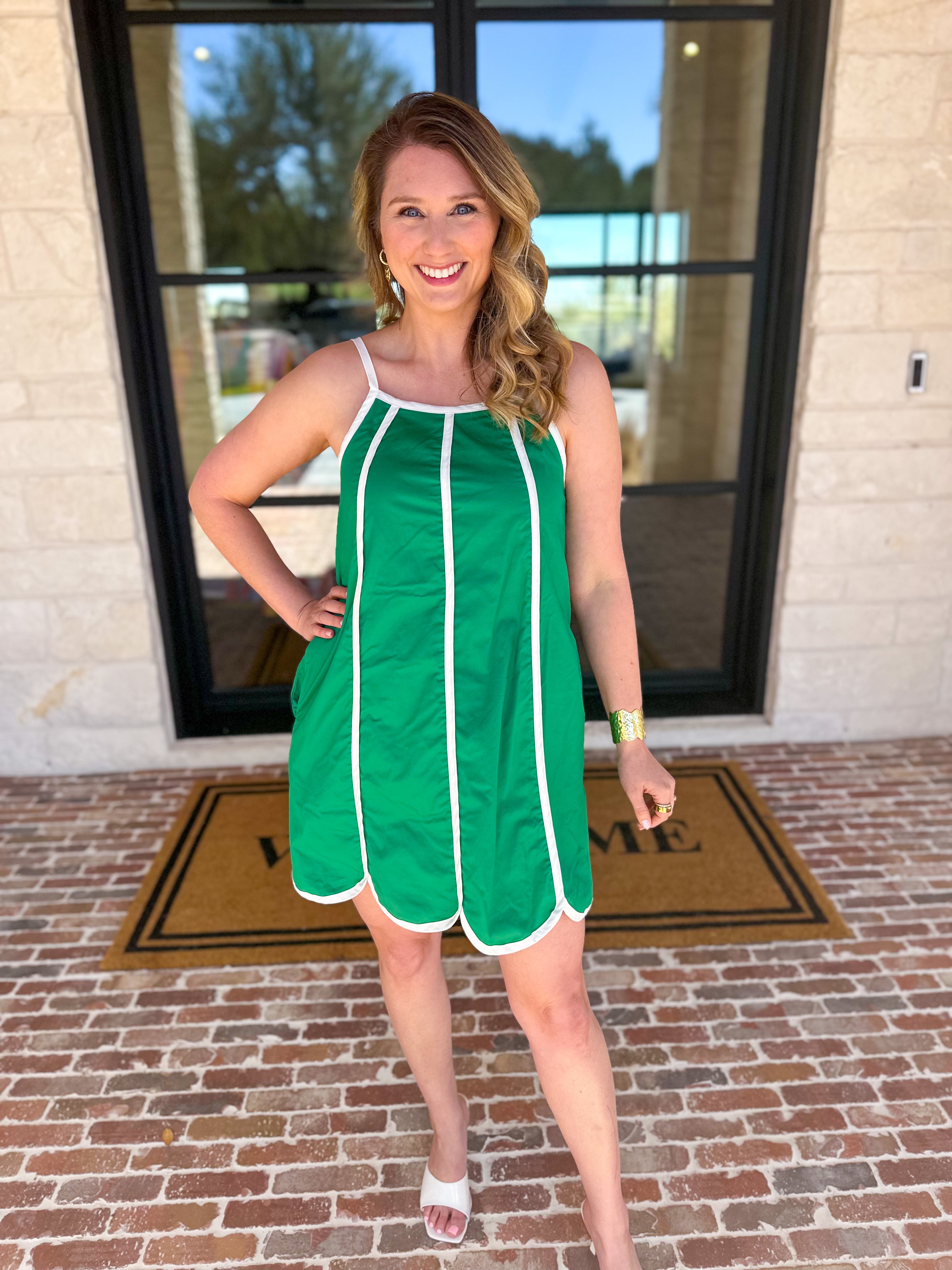 Kelly Green Scalloped Mini Dress-510 Mini-TCEC-July & June Women's Fashion Boutique Located in San Antonio, Texas