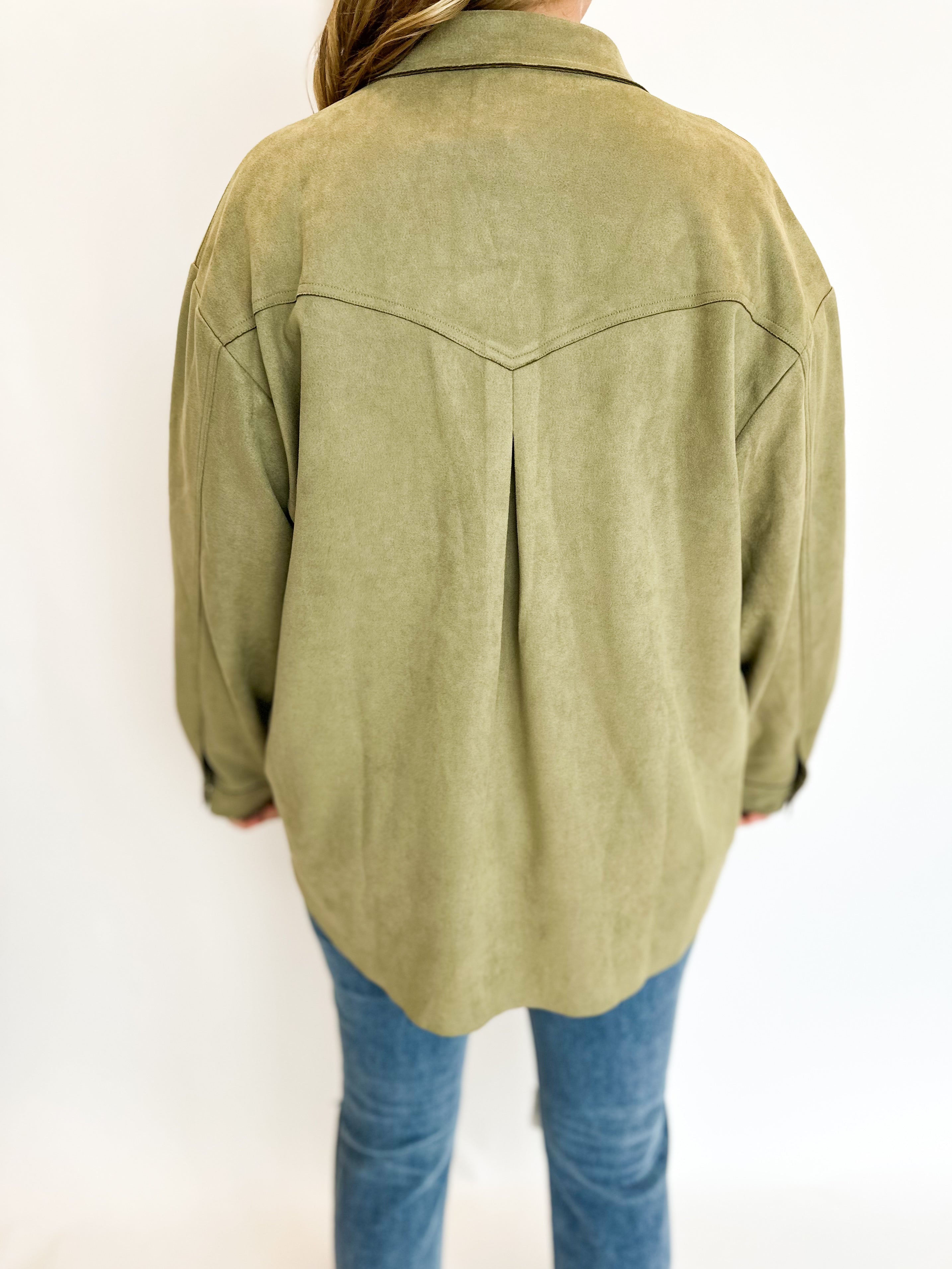 Suede Shaket - Sage-600 Outerwear-FATE-July & June Women's Fashion Boutique Located in San Antonio, Texas