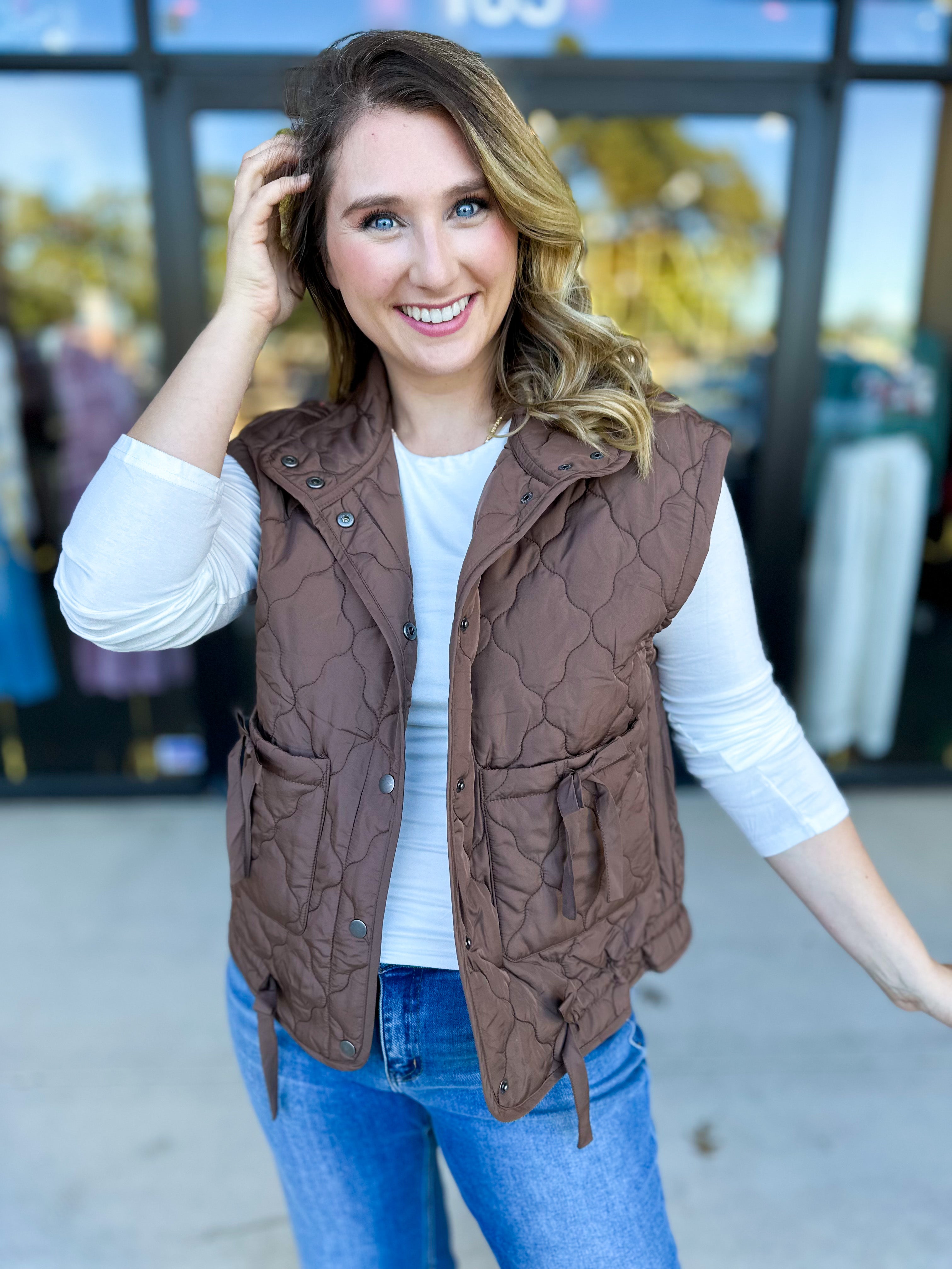 Quilted Bow Vest - Brown-600 Outerwear-BLU PEPPER-July & June Women's Fashion Boutique Located in San Antonio, Texas