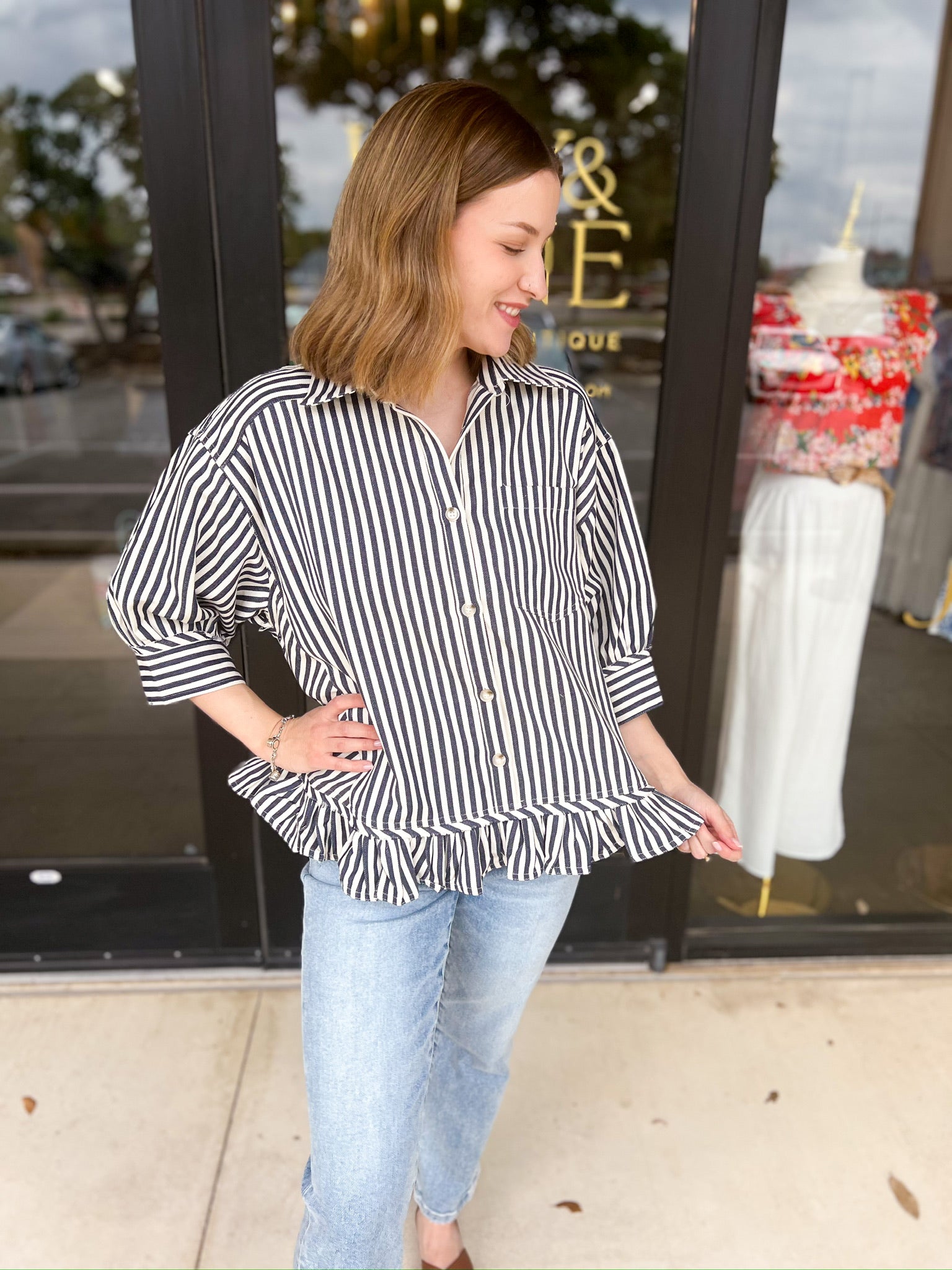 Sweetheart Denim Button Down - Navy-200 Fashion Blouses-FATE-July & June Women's Fashion Boutique Located in San Antonio, Texas