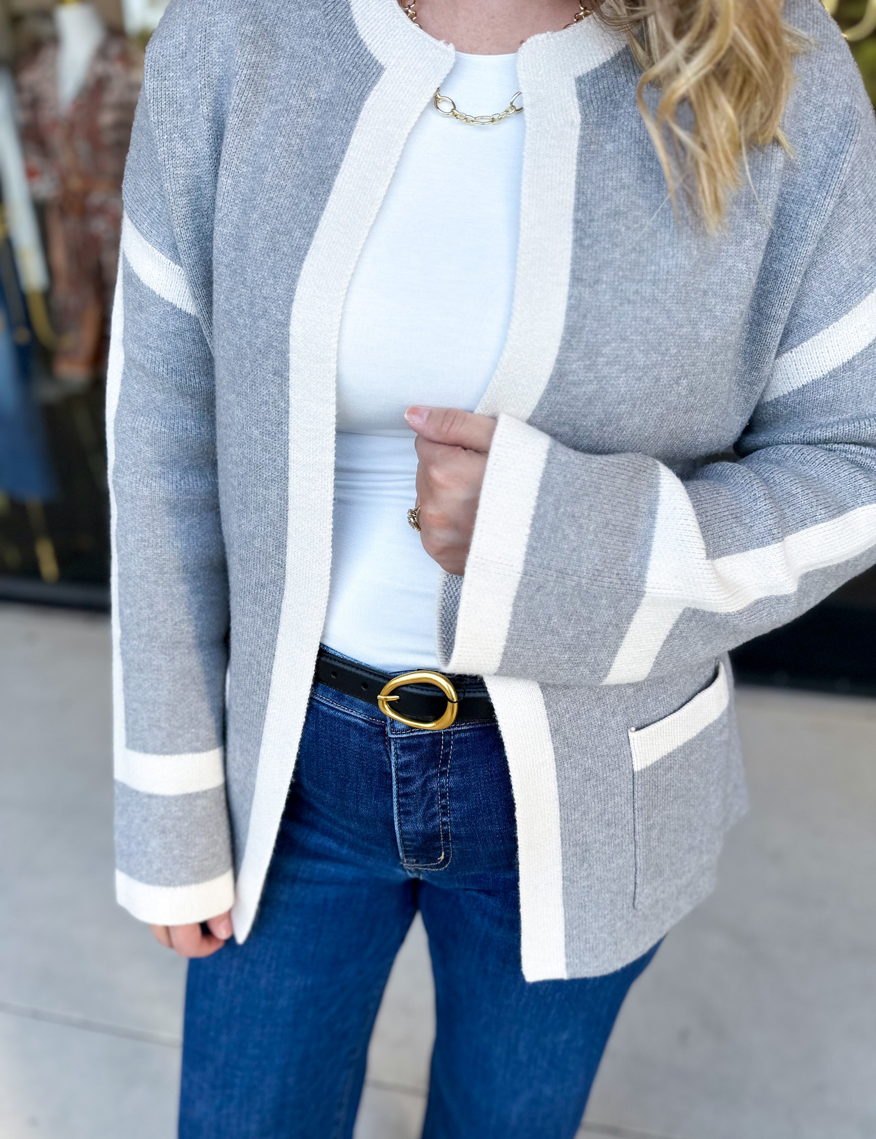 THML - Grey Color Block Cardigan-230 Sweaters/Cardis-THML-July & June Women's Fashion Boutique Located in San Antonio, Texas