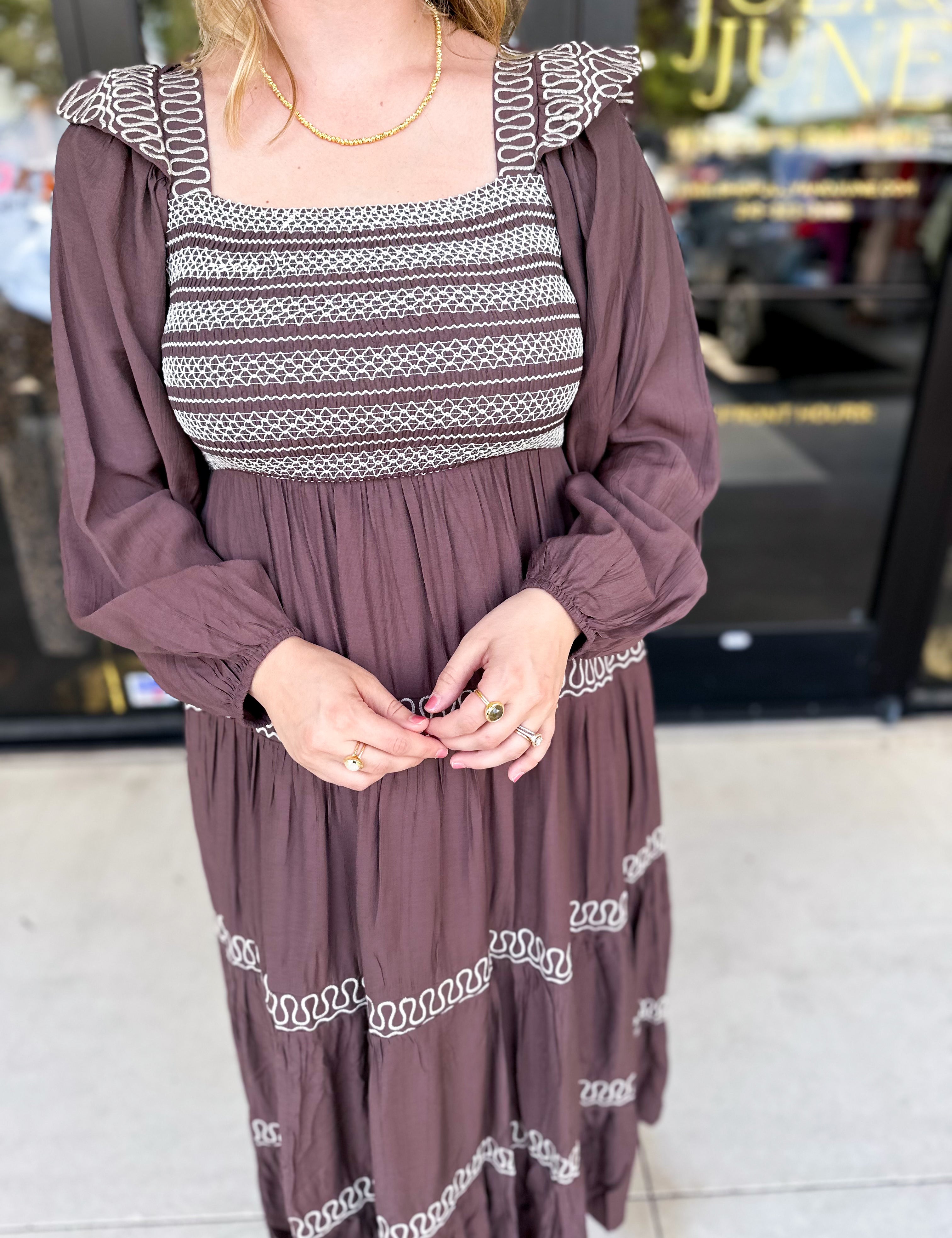 Mocha Boho Midi Dress-500 Midi-LISTICLE-July & June Women's Fashion Boutique Located in San Antonio, Texas