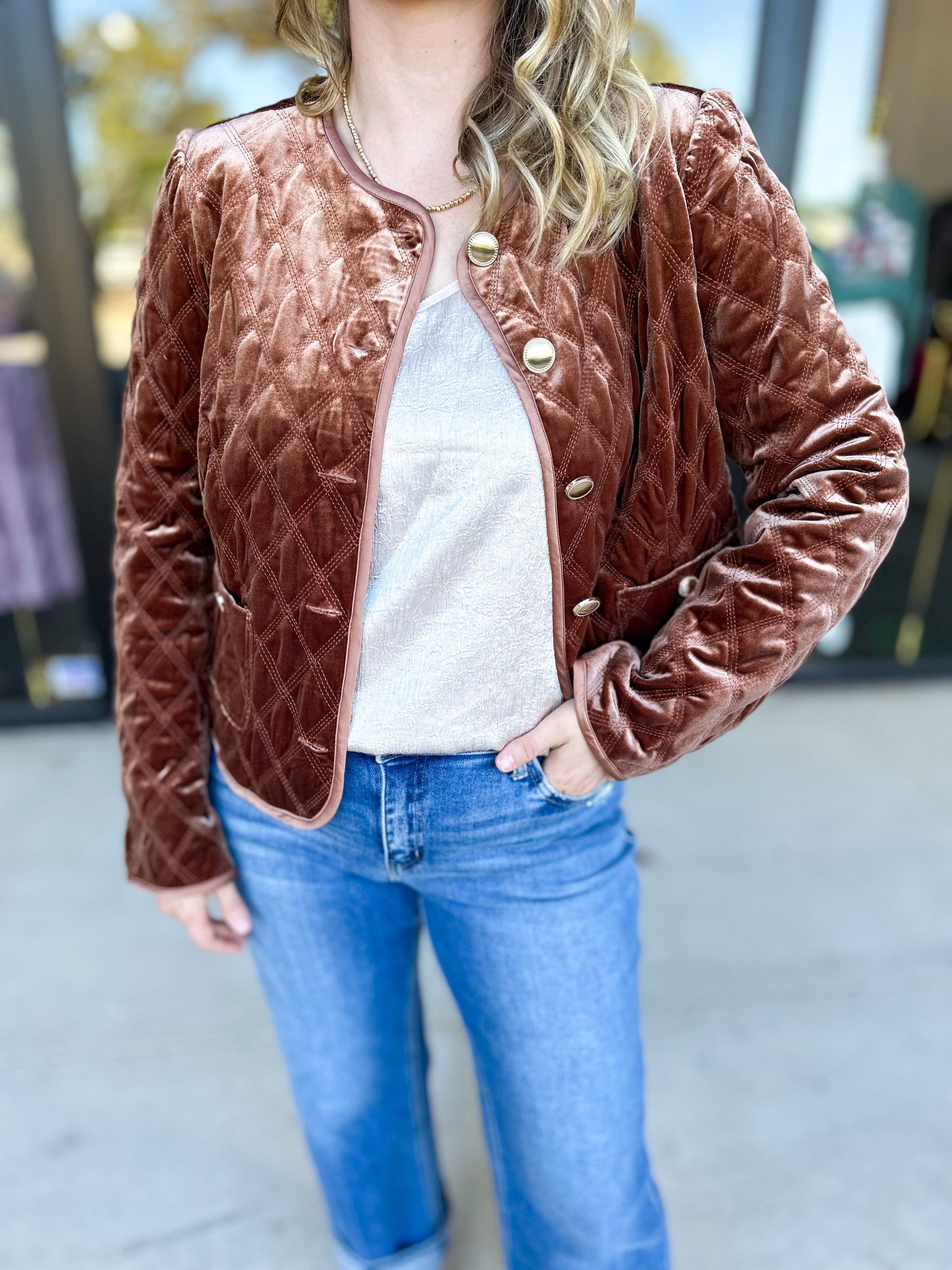 Golden Quilted Jacket-600 Outerwear-FATE-July & June Women's Fashion Boutique Located in San Antonio, Texas