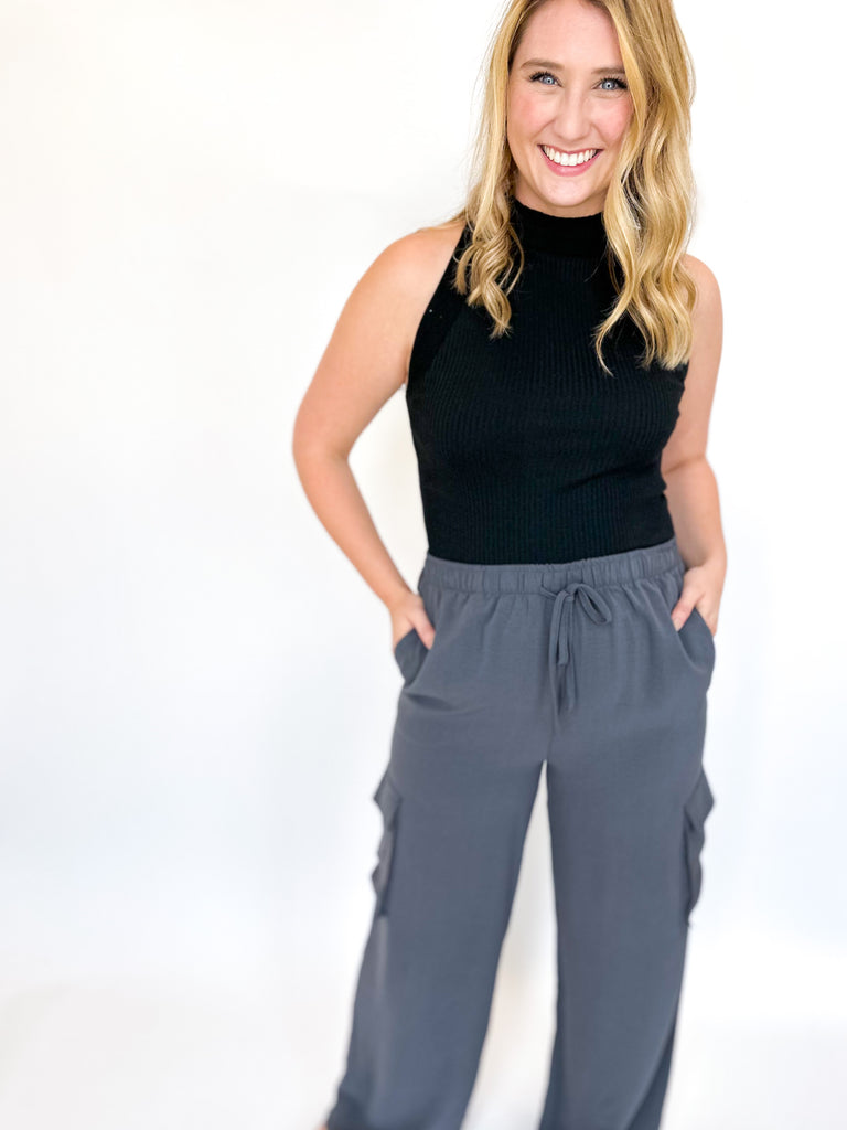 Drawstring Relaxed Cargo Pant- Charcoal-400 Pants-ENTRO-July & June Women's Fashion Boutique Located in San Antonio, Texas