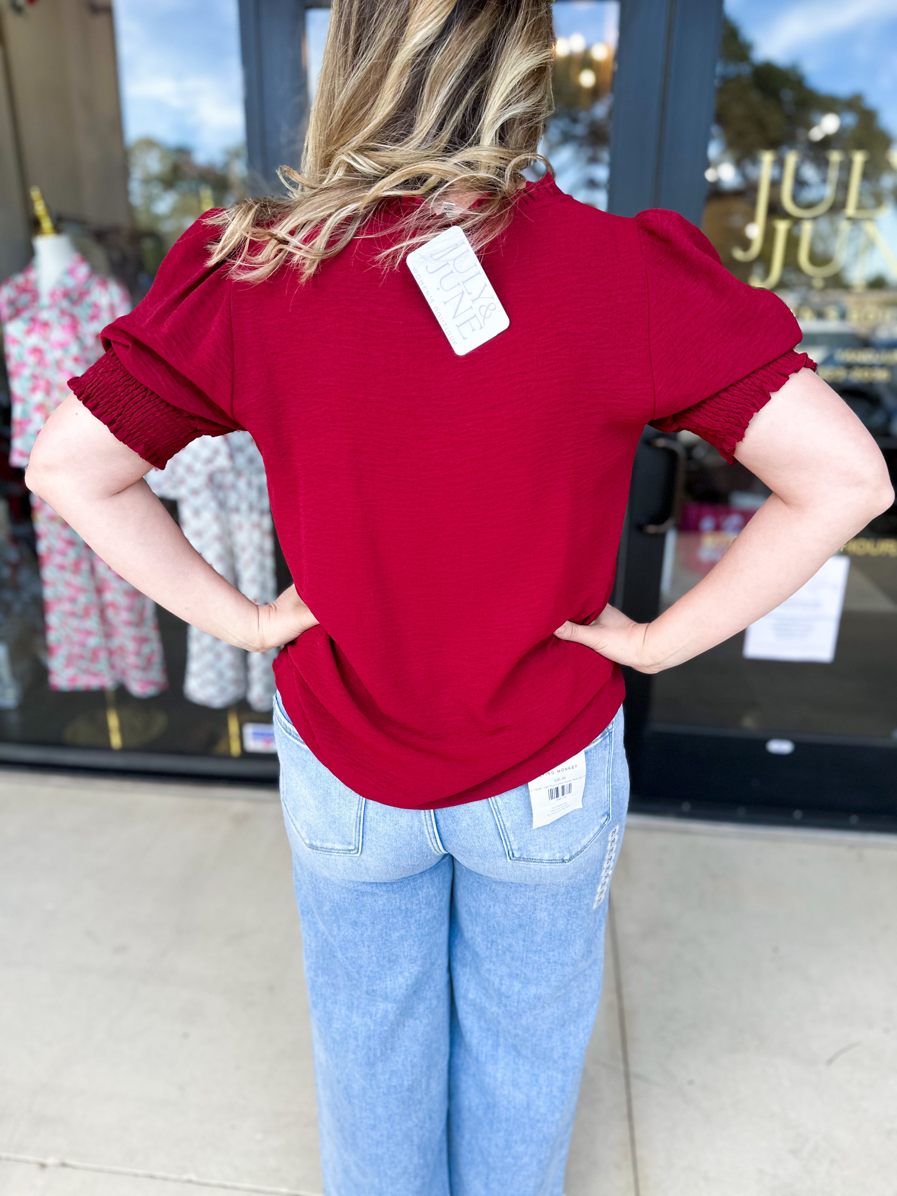 Everyday Ruffle V-Neck Blouse - Crimson-200 Fashion Blouses-JODIFL-July & June Women's Fashion Boutique Located in San Antonio, Texas