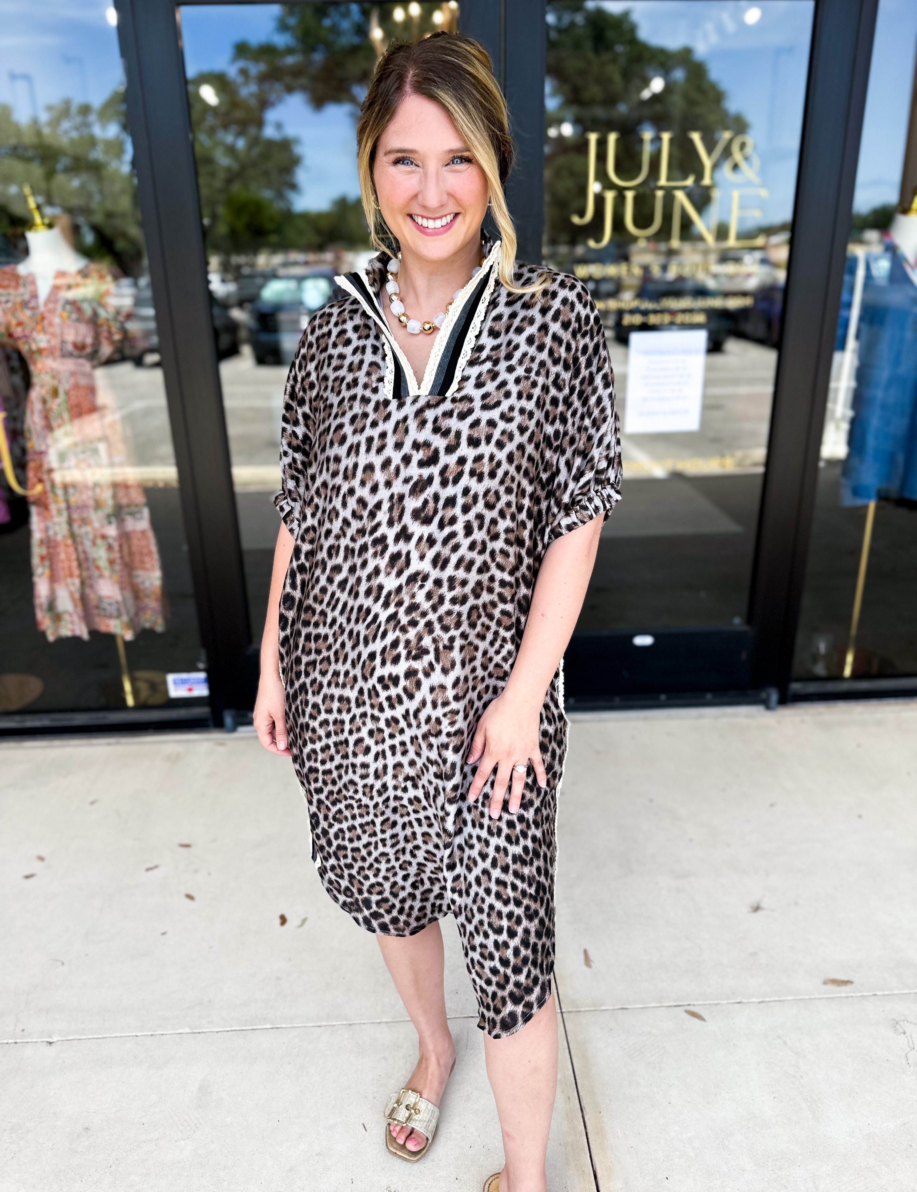 Leopard Caftan Midi Dress - Grey-500 Midi-ENTRO-July & June Women's Fashion Boutique Located in San Antonio, Texas