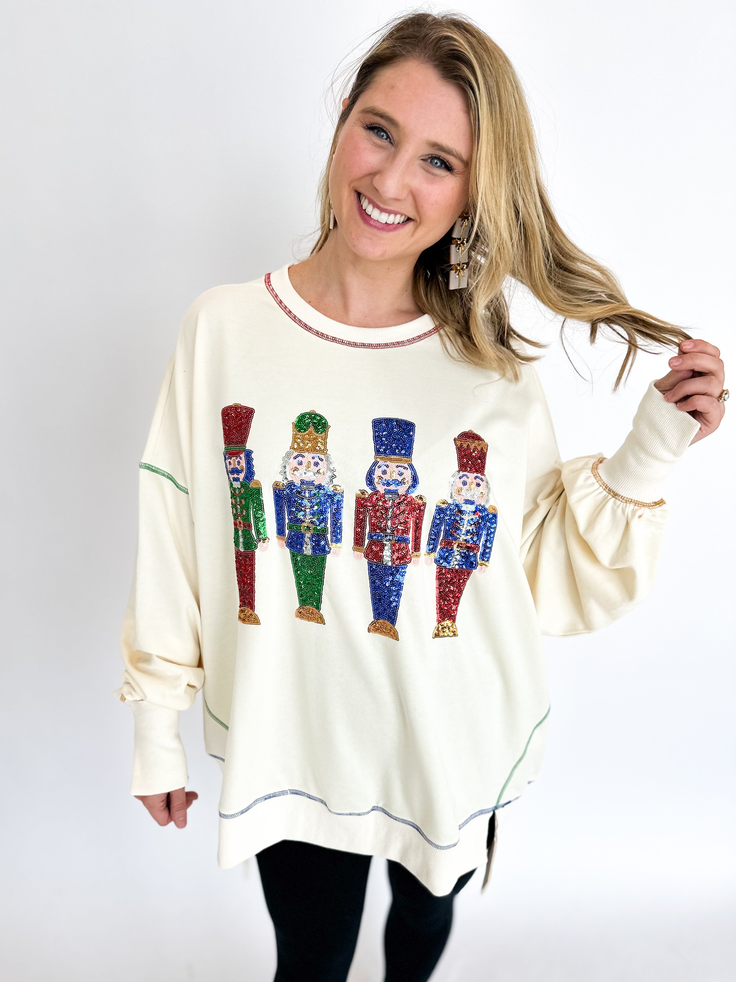 Nutcracker Oversized Long Sleeve Top-210 Casual Blouses-FANTASTIC FAWN-July & June Women's Fashion Boutique Located in San Antonio, Texas