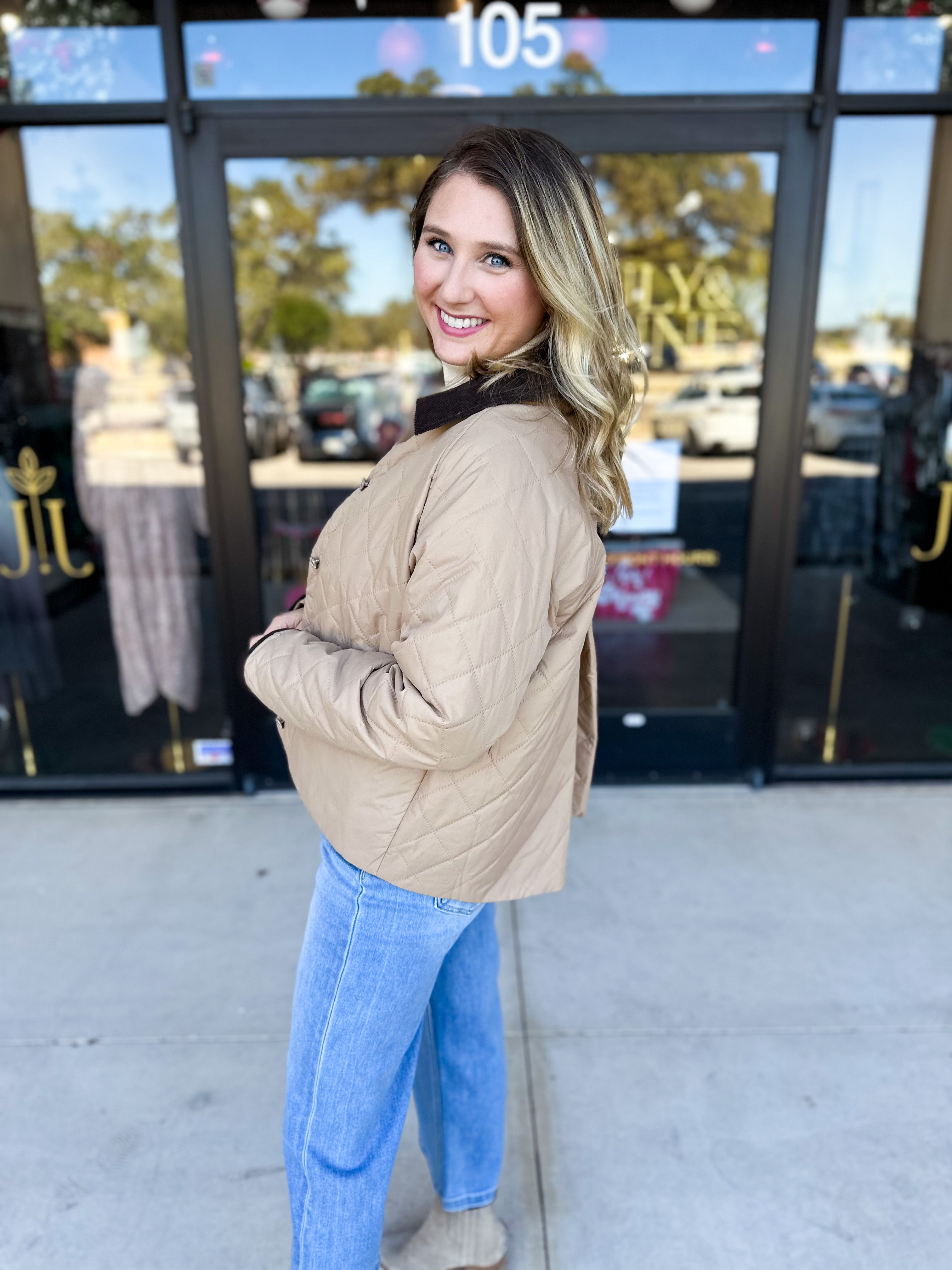 Khaki & Suede Jacket-600 Outerwear-ENTRO-July & June Women's Fashion Boutique Located in San Antonio, Texas