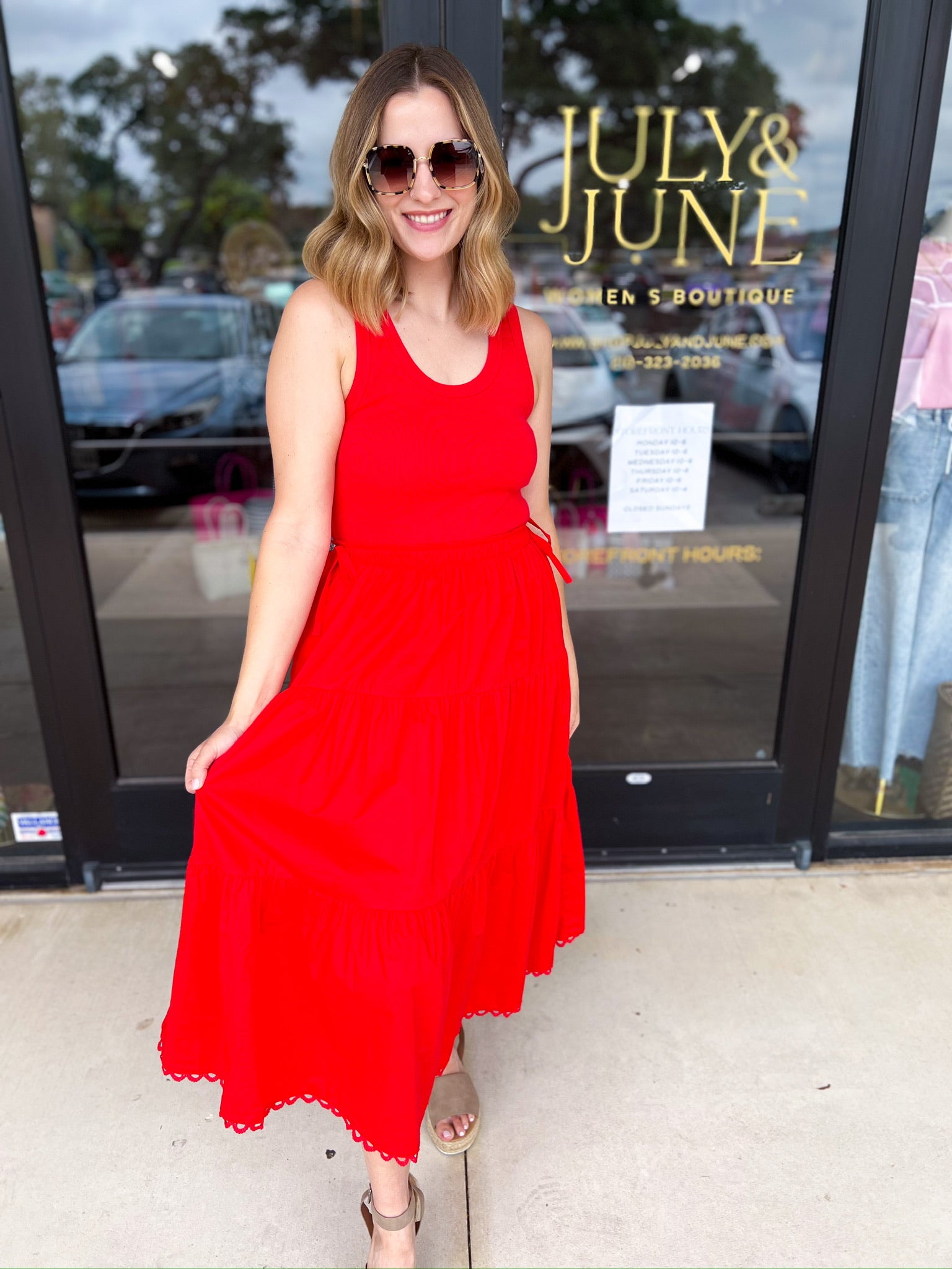 The Summertime Savvy Midi Dress - Red-500 Midi-SKIES ARE BLUE-July & June Women's Fashion Boutique Located in San Antonio, Texas