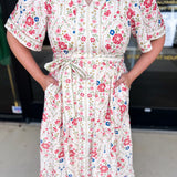 Cream & Pink Floral Midi Dress-500 Midi-POLOGRAM-July & June Women's Fashion Boutique Located in San Antonio, Texas