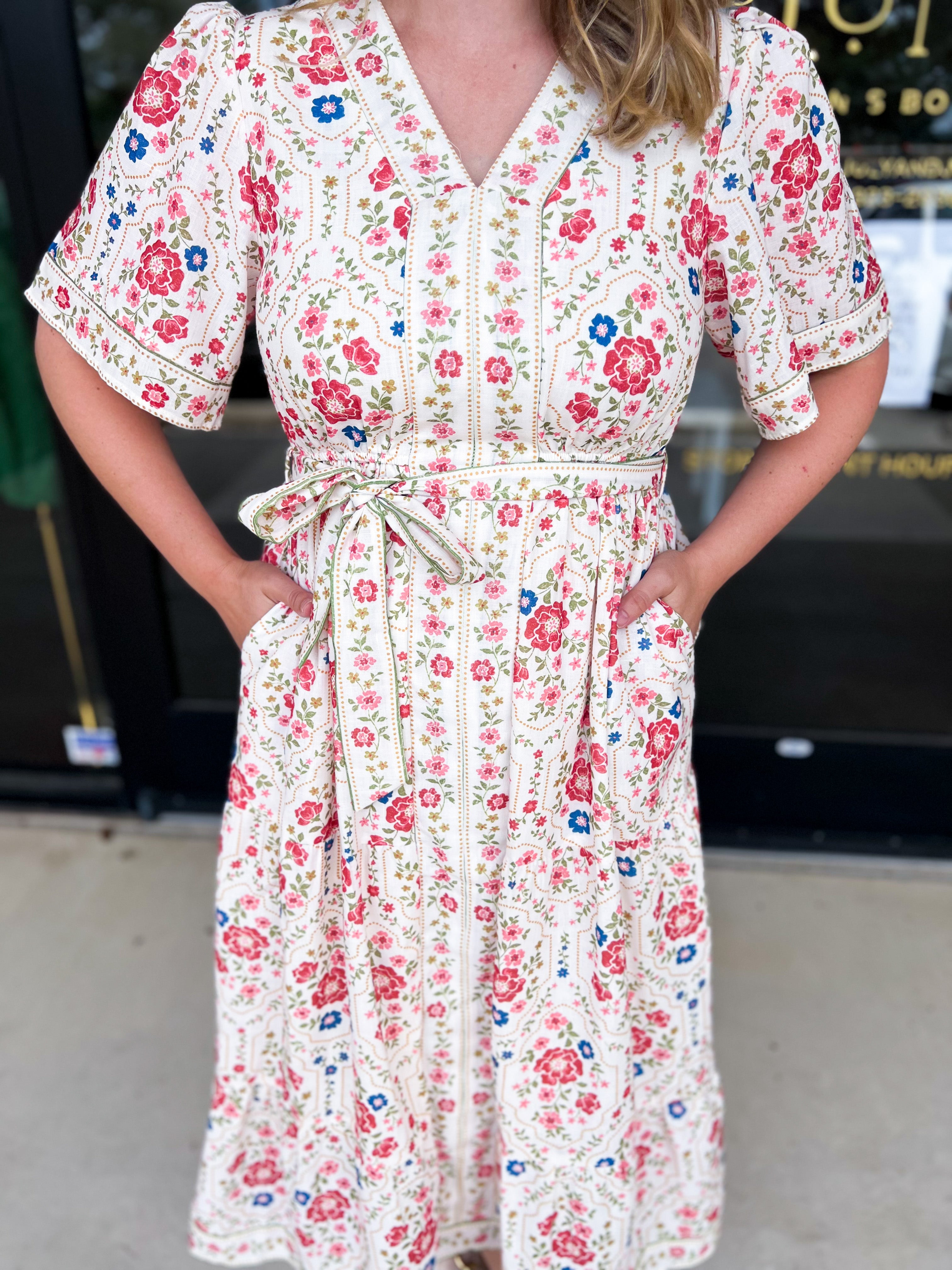 Cream & Pink Floral Midi Dress-500 Midi-POLOGRAM-July & June Women's Fashion Boutique Located in San Antonio, Texas