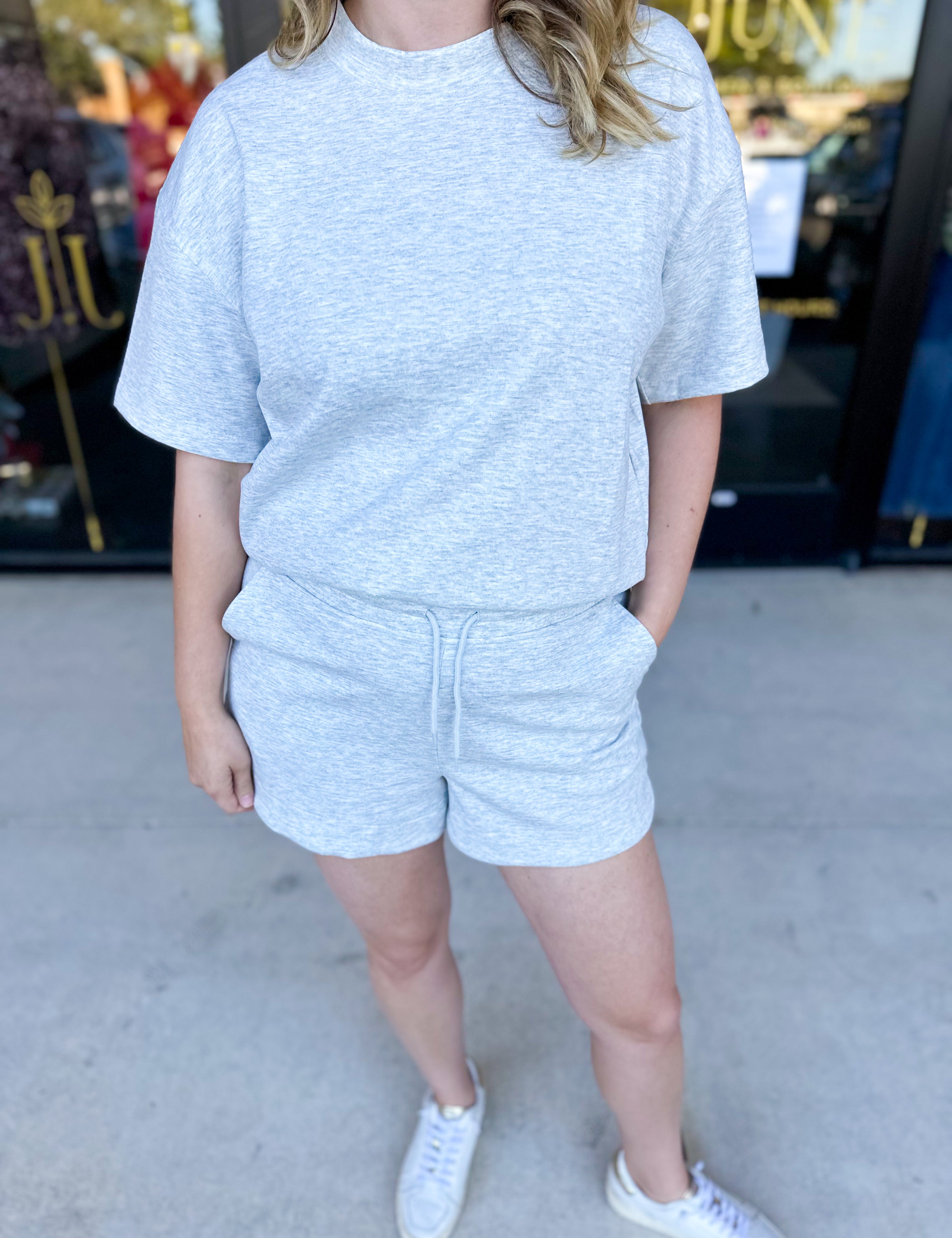 Pink Friday Doorbuster - Scuba Short Set - Heather Grey - IN STORE-PINK FRIDAY DOORBUSTERS-ZENANA-July & June Women's Fashion Boutique Located in San Antonio, Texas