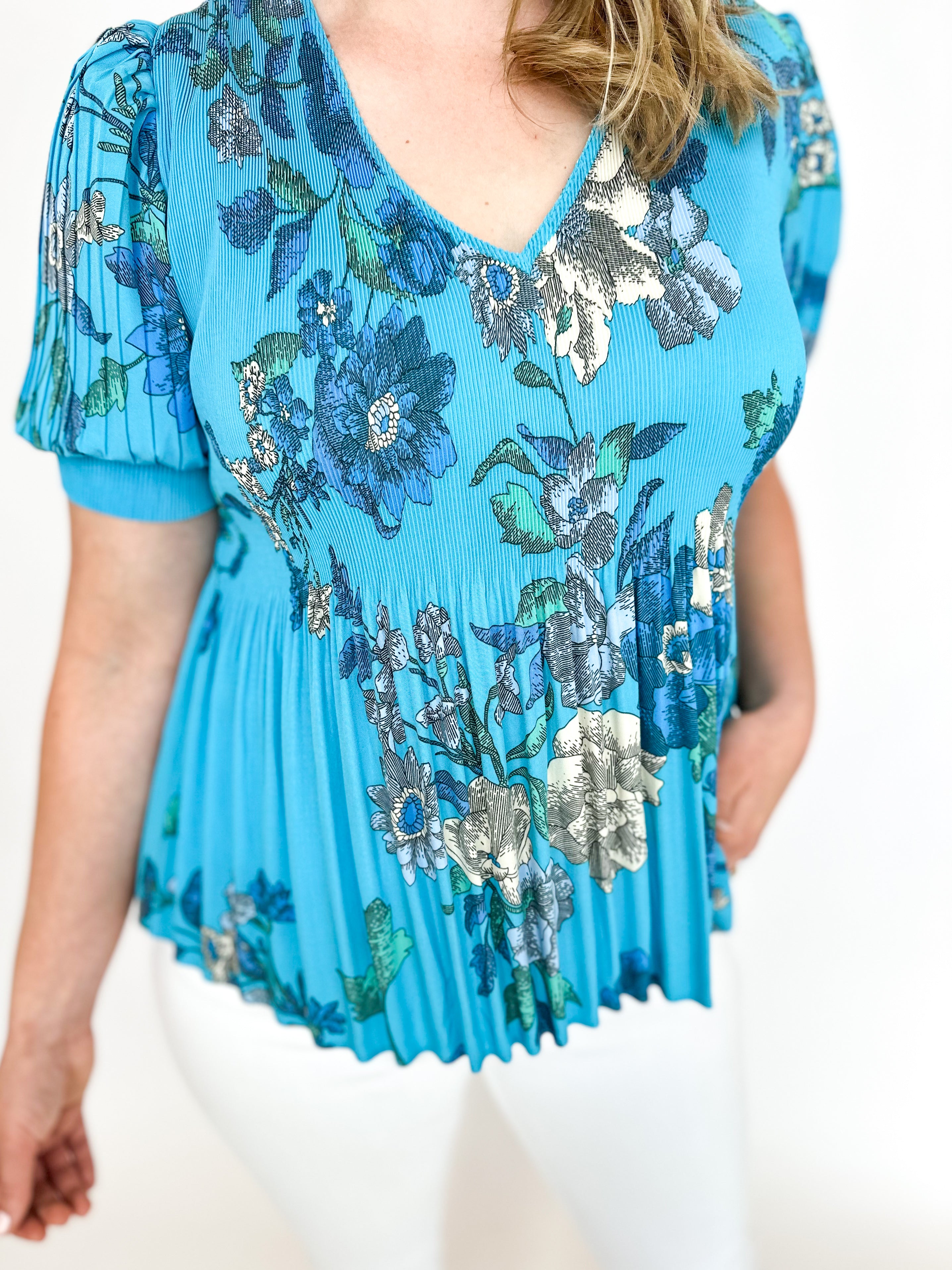 Pleated Peplum Blouse - Teal Garden-200 Fashion Blouses-CURRENT AIR CLOTHING-July & June Women's Fashion Boutique Located in San Antonio, Texas
