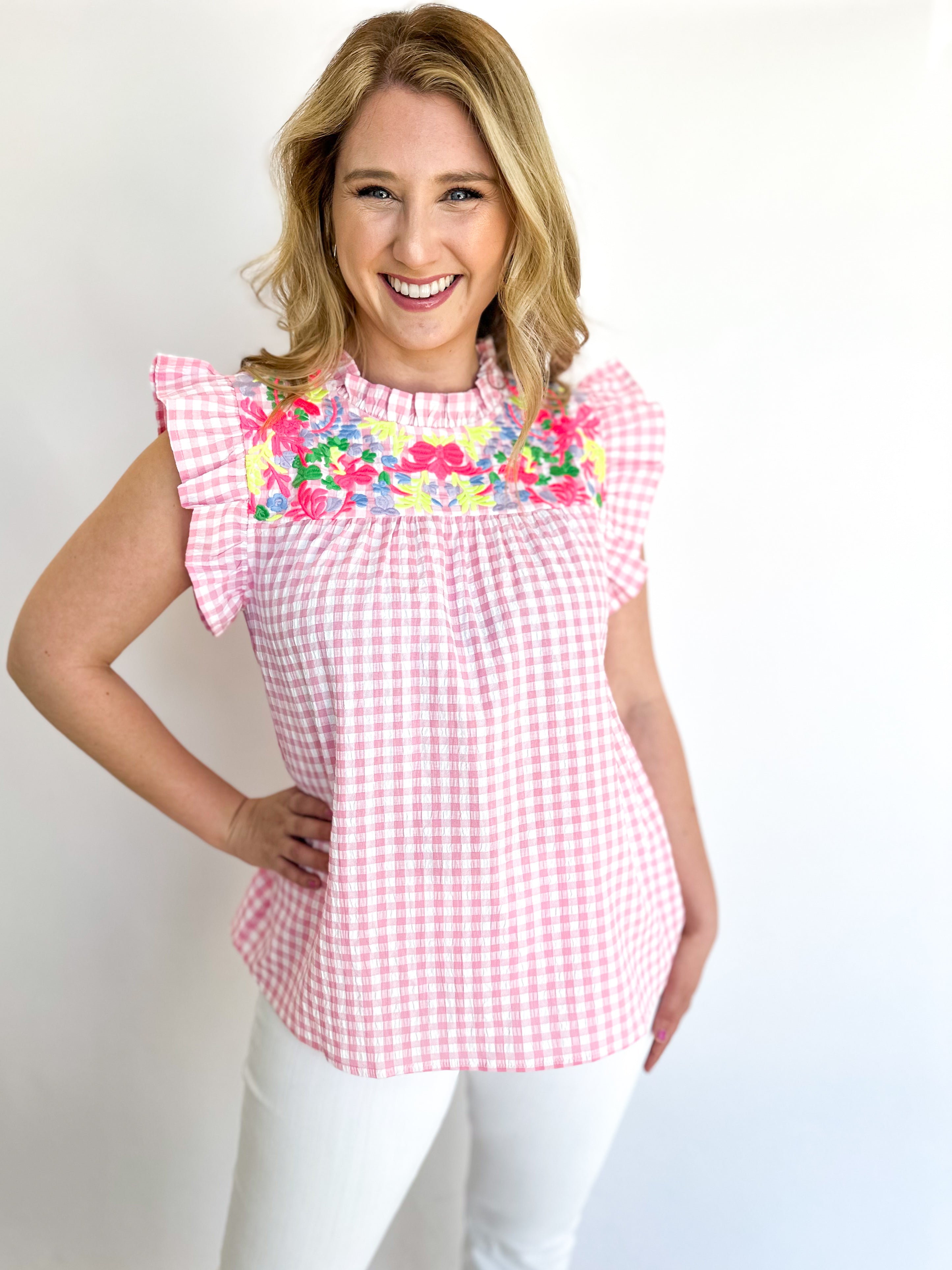 The Abigail Embroidered Blouse - Pink Gingham-200 Fashion Blouses-JODIFL-July & June Women's Fashion Boutique Located in San Antonio, Texas