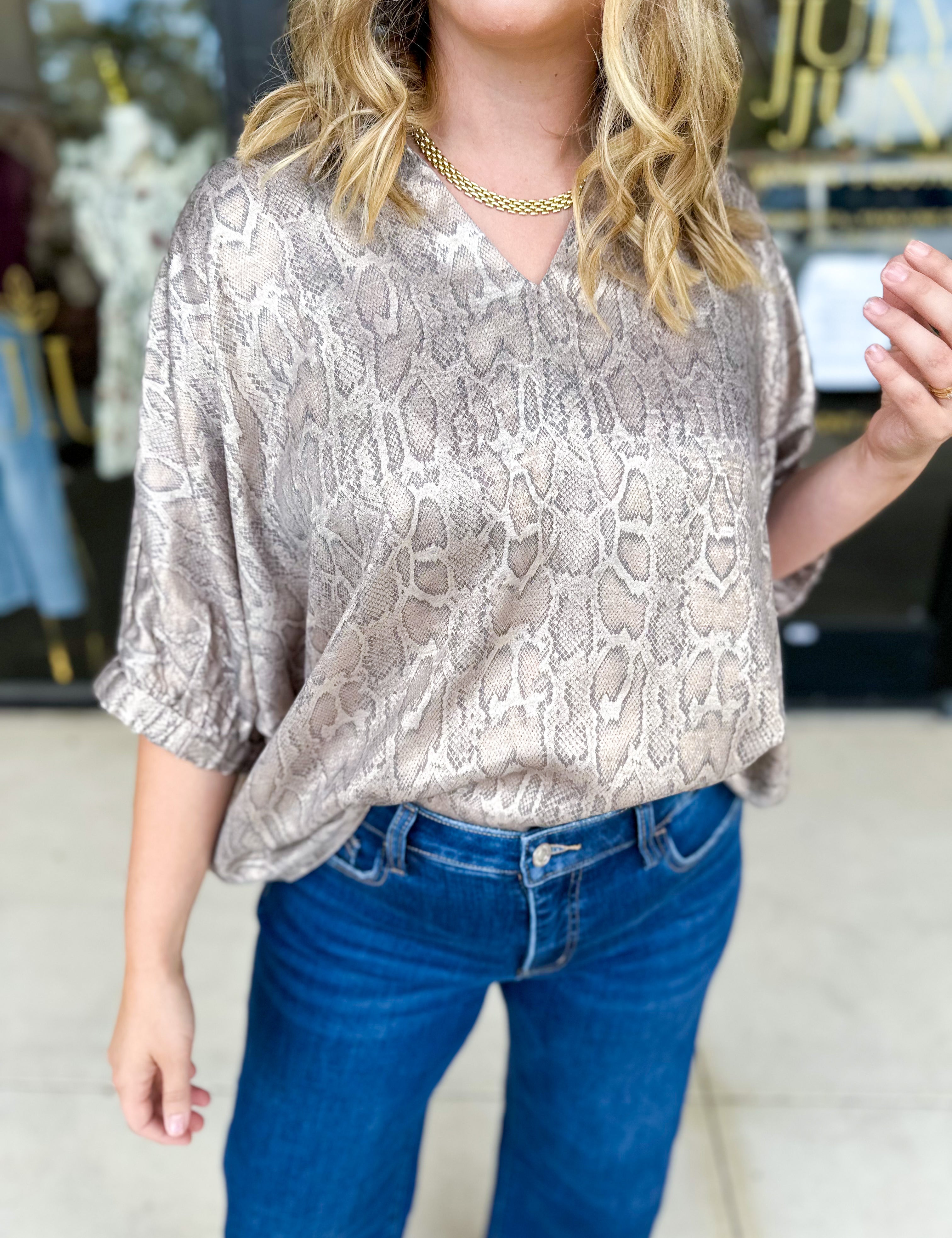 Snakeskin Shimmer Blouse-200 Fashion Blouses-JODIFL-July & June Women's Fashion Boutique Located in San Antonio, Texas