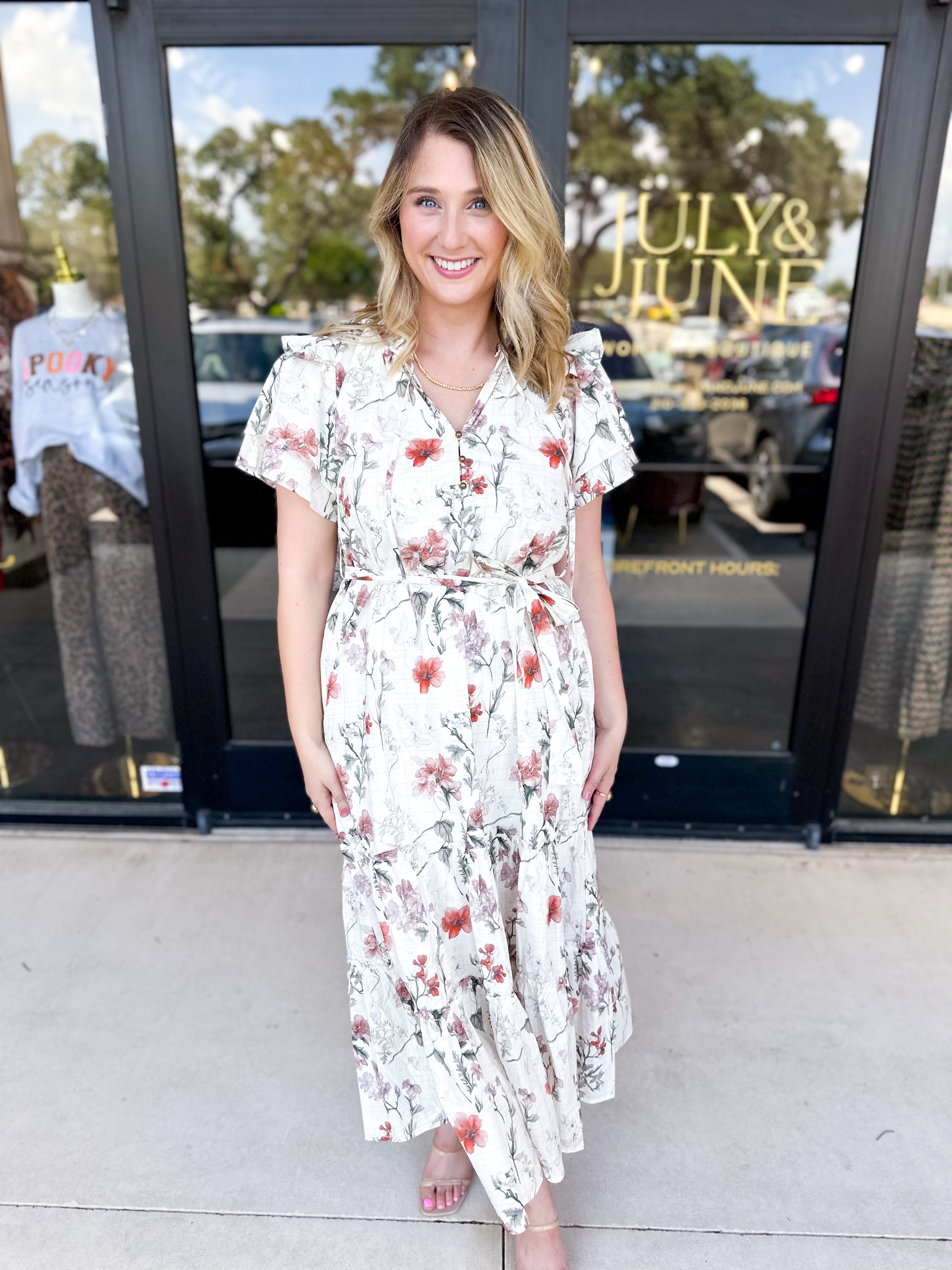 Autumn Garden Midi Dress-500 Midi-ENTRO-July & June Women's Fashion Boutique Located in San Antonio, Texas