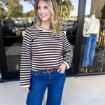 Chocolate Stripe Long Sleeve Top-210 Casual Blouses-POLOGRAM-July & June Women's Fashion Boutique Located in San Antonio, Texas