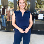 Soft Modal Zip Sleeveless Top - Navy - RESTOCK-210 Casual Blouses-SKIES ARE BLUE-July & June Women's Fashion Boutique Located in San Antonio, Texas