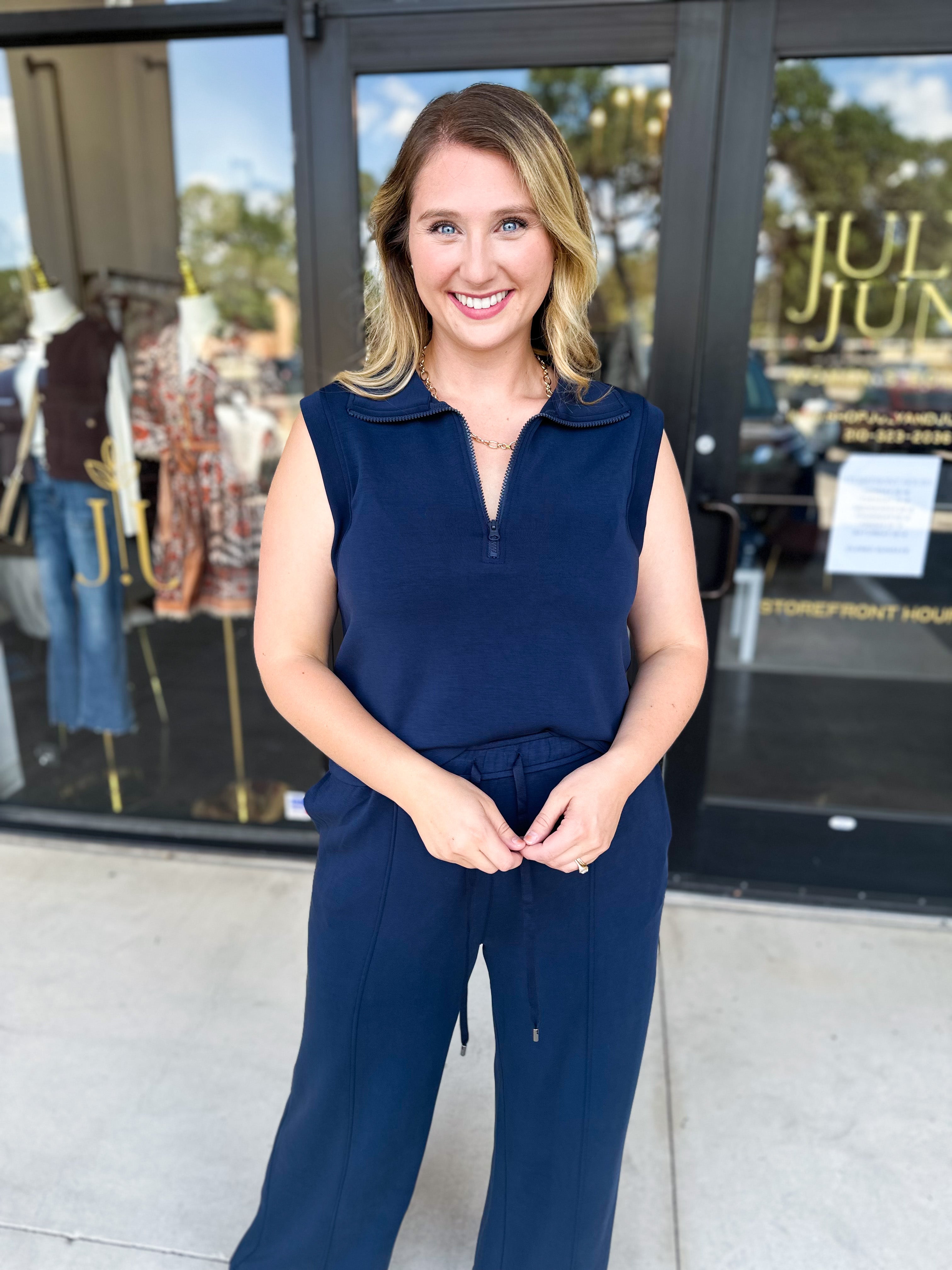 Soft Modal Zip Sleeveless Top - Navy - RESTOCK-210 Casual Blouses-SKIES ARE BLUE-July & June Women's Fashion Boutique Located in San Antonio, Texas