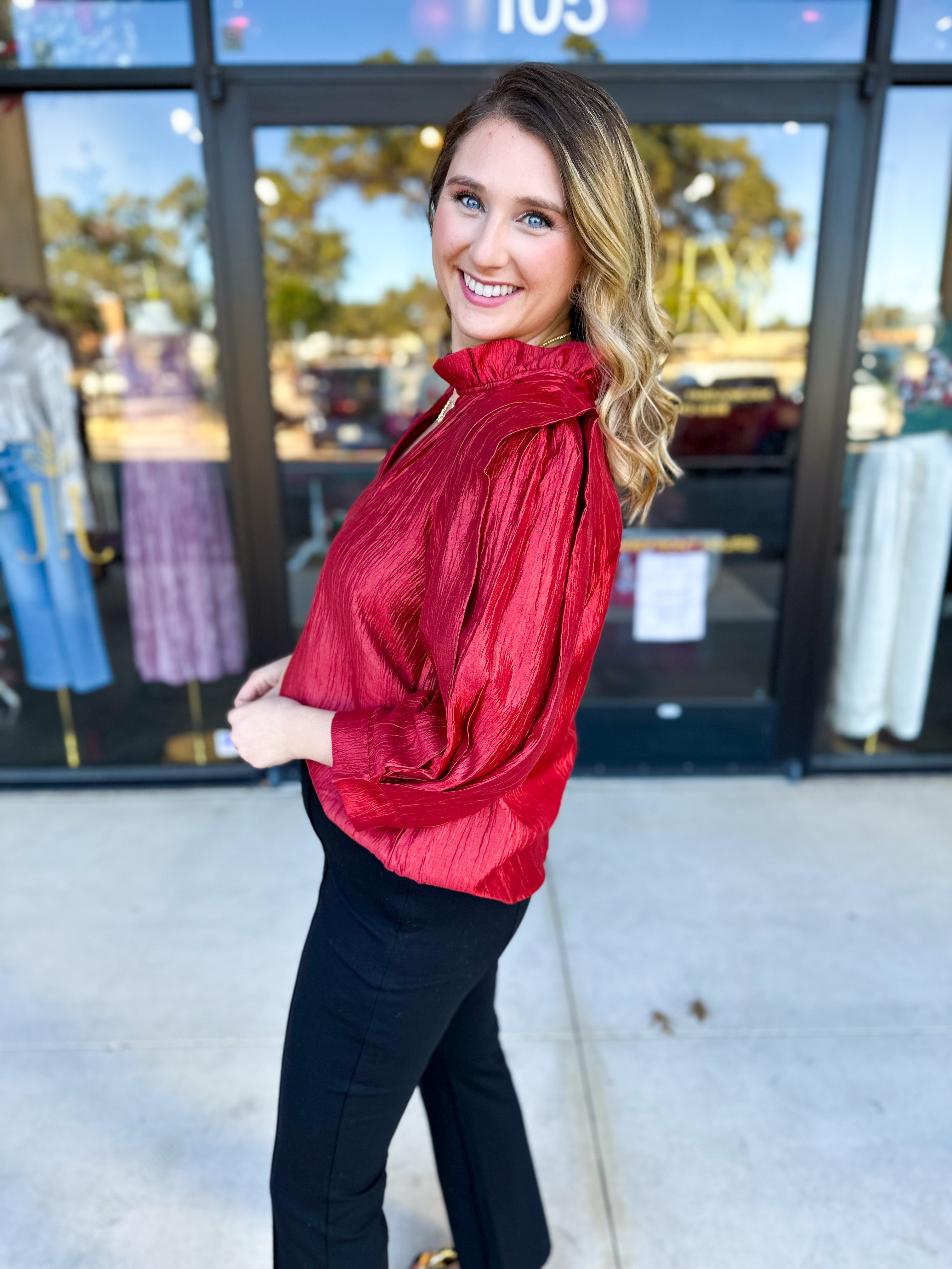 THML - Cherry Red Sheen Blouse-200 Fashion Blouses-THML-July & June Women's Fashion Boutique Located in San Antonio, Texas