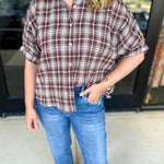 Brown Flannel Blouse-200 Fashion Blouses-POLOGRAM-July & June Women's Fashion Boutique Located in San Antonio, Texas