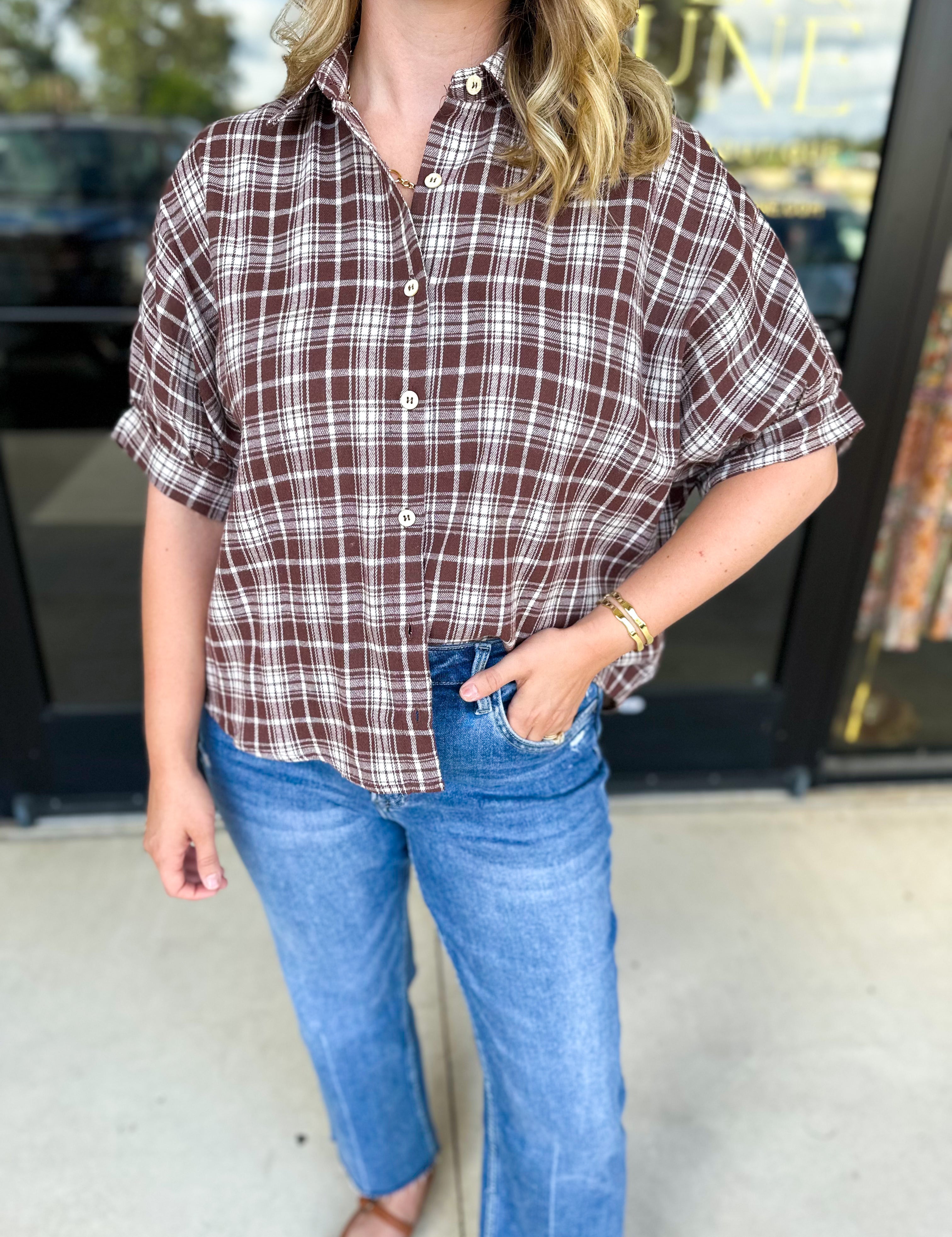 Brown Flannel Blouse-200 Fashion Blouses-POLOGRAM-July & June Women's Fashion Boutique Located in San Antonio, Texas