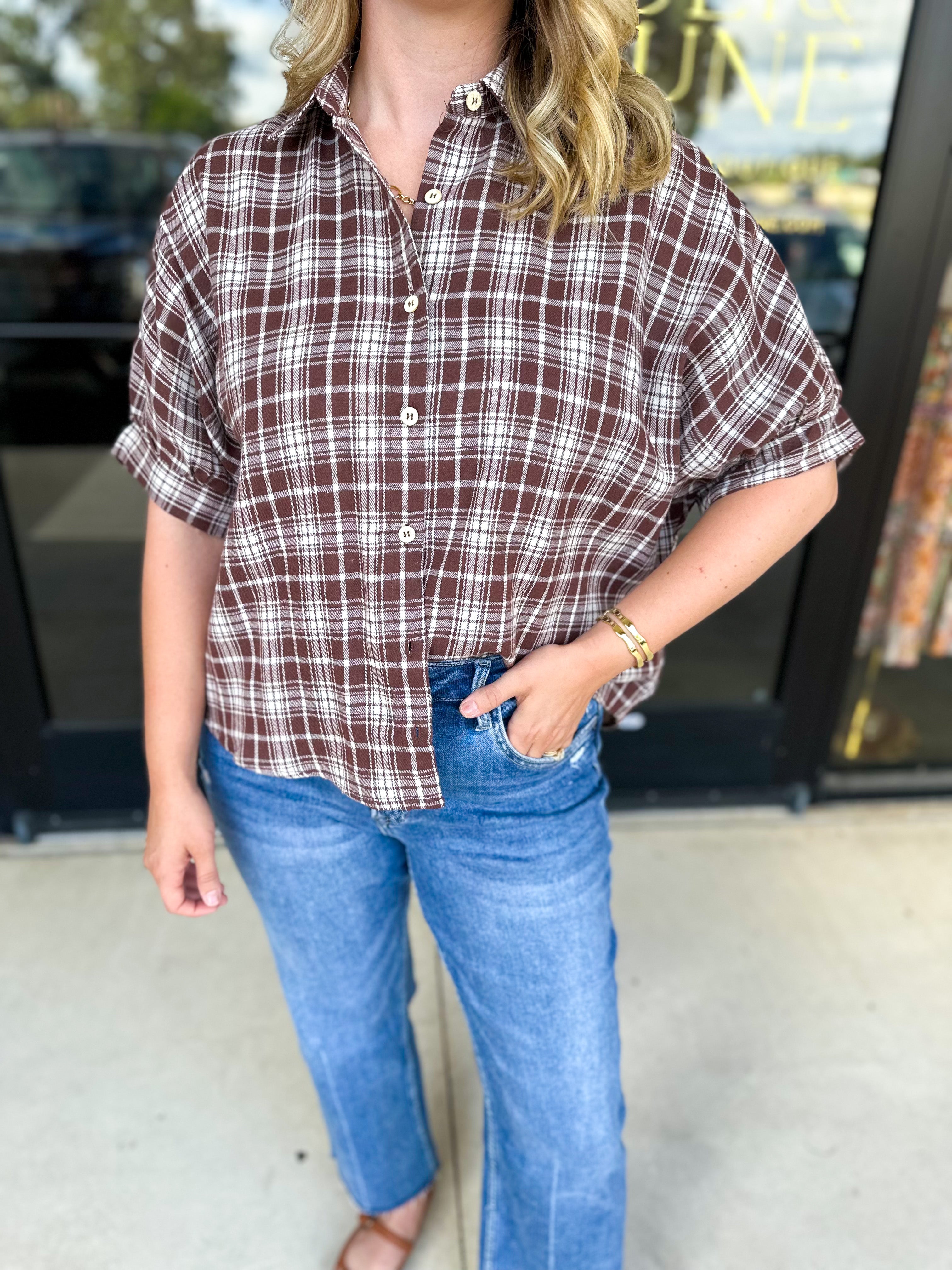Brown Flannel Blouse-200 Fashion Blouses-POLOGRAM-July & June Women's Fashion Boutique Located in San Antonio, Texas