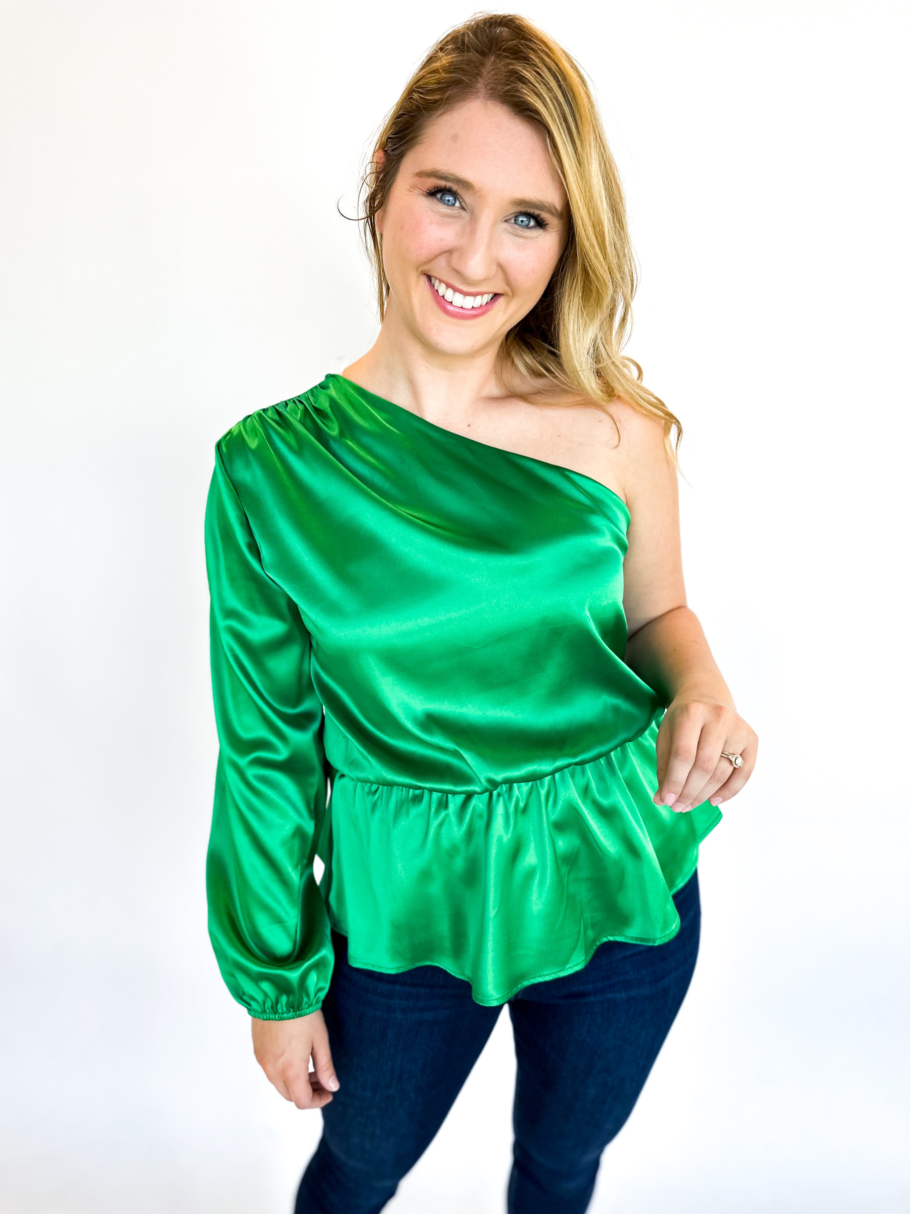 One Shoulder Party Blouse - Mistletoe Green-200 Fashion Blouses-ADRIENNE-July & June Women's Fashion Boutique Located in San Antonio, Texas