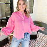 Pinstripe Bubble Sleeve Blouse - Pink-200 Fashion Blouses-FATE-July & June Women's Fashion Boutique Located in San Antonio, Texas