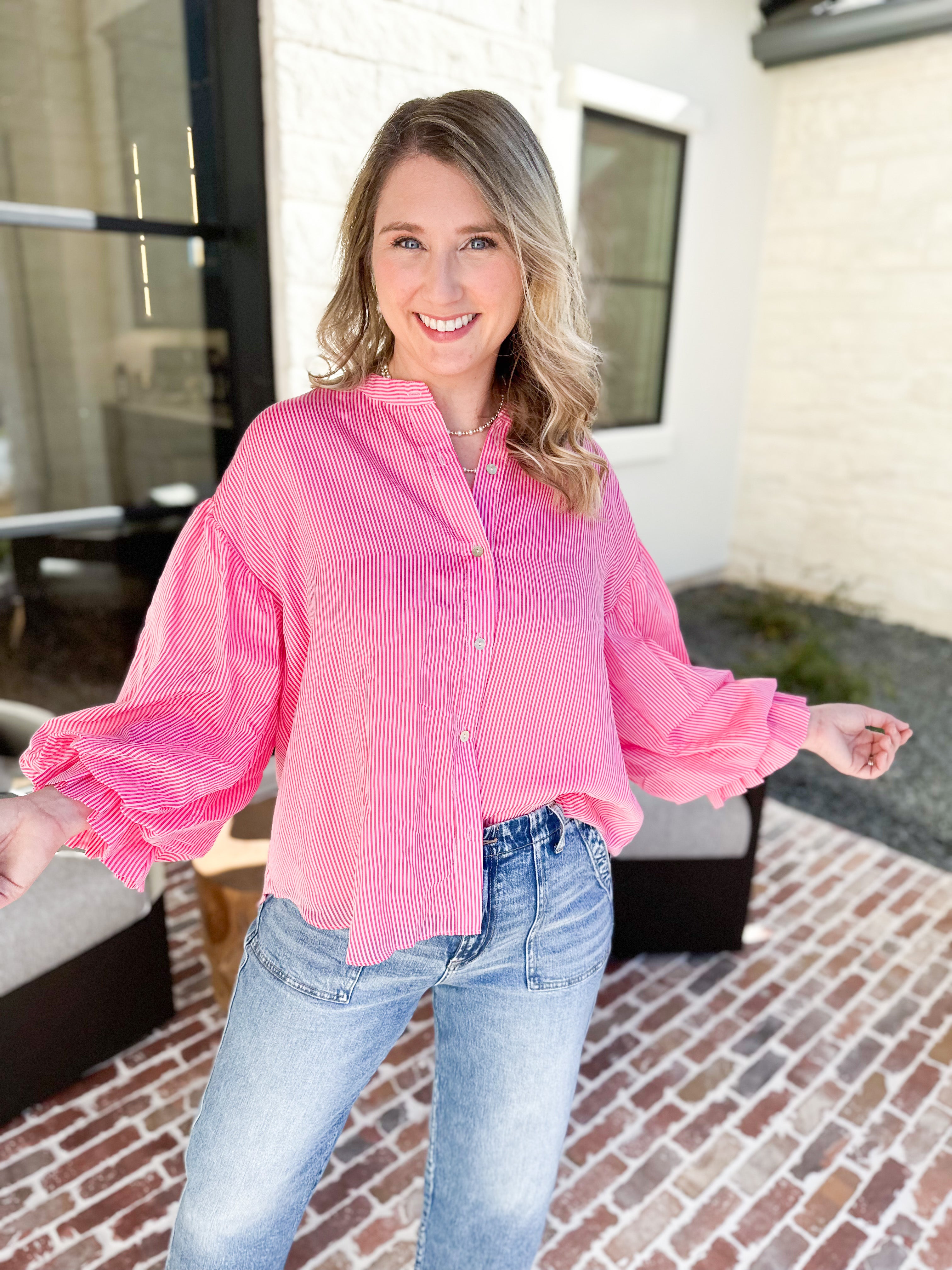 Pinstripe Bubble Sleeve Blouse - Pink-200 Fashion Blouses-FATE-July & June Women's Fashion Boutique Located in San Antonio, Texas