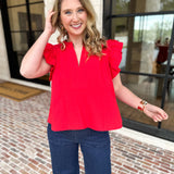 Flutter Sleeve Poplin Blouse - Red-200 Fashion Blouses-STRUT & BOLT-July & June Women's Fashion Boutique Located in San Antonio, Texas