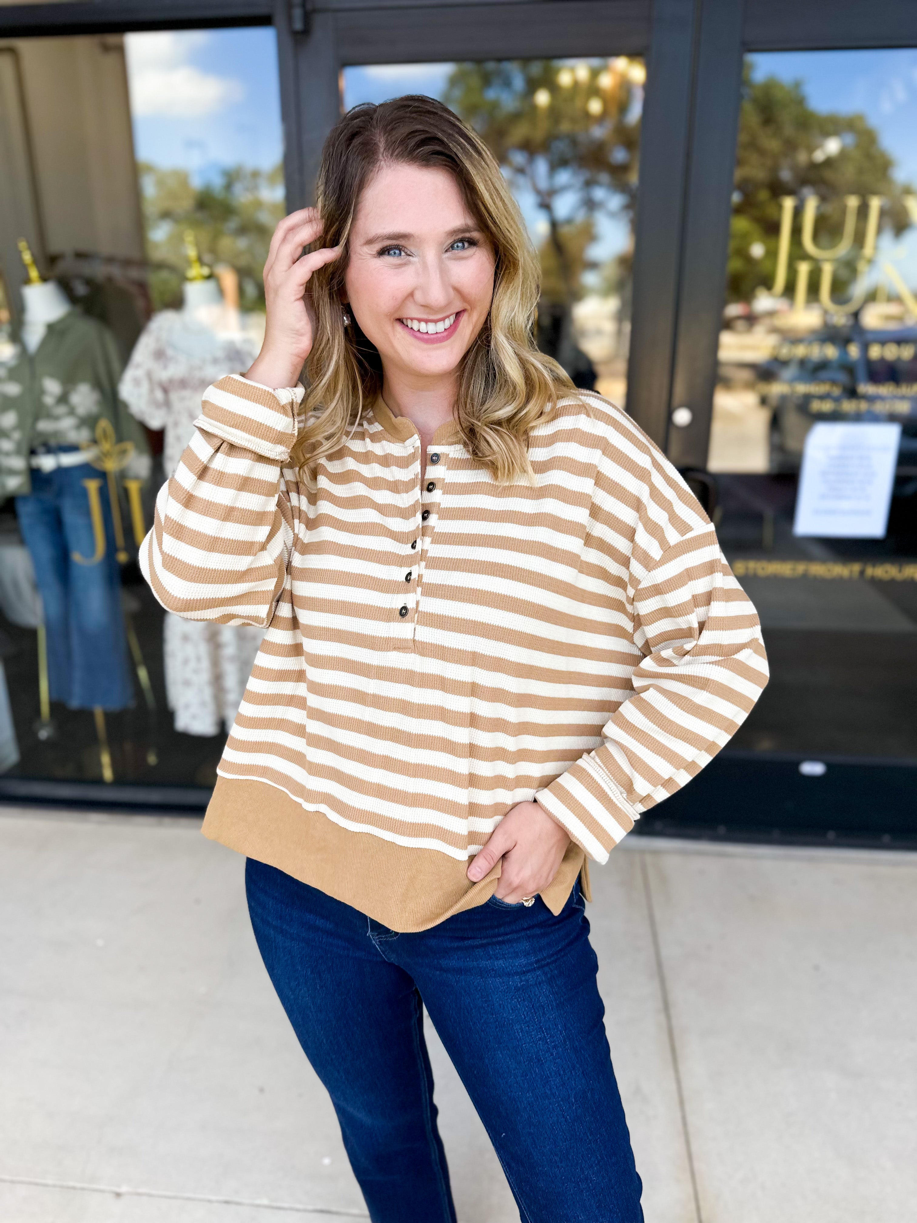 Casual Cool Henley Long Sleeve - Tan-210 Casual Blouses-POLOGRAM-July & June Women's Fashion Boutique Located in San Antonio, Texas