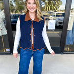Navy & Suede Vest-600 Outerwear-ENTRO-July & June Women's Fashion Boutique Located in San Antonio, Texas