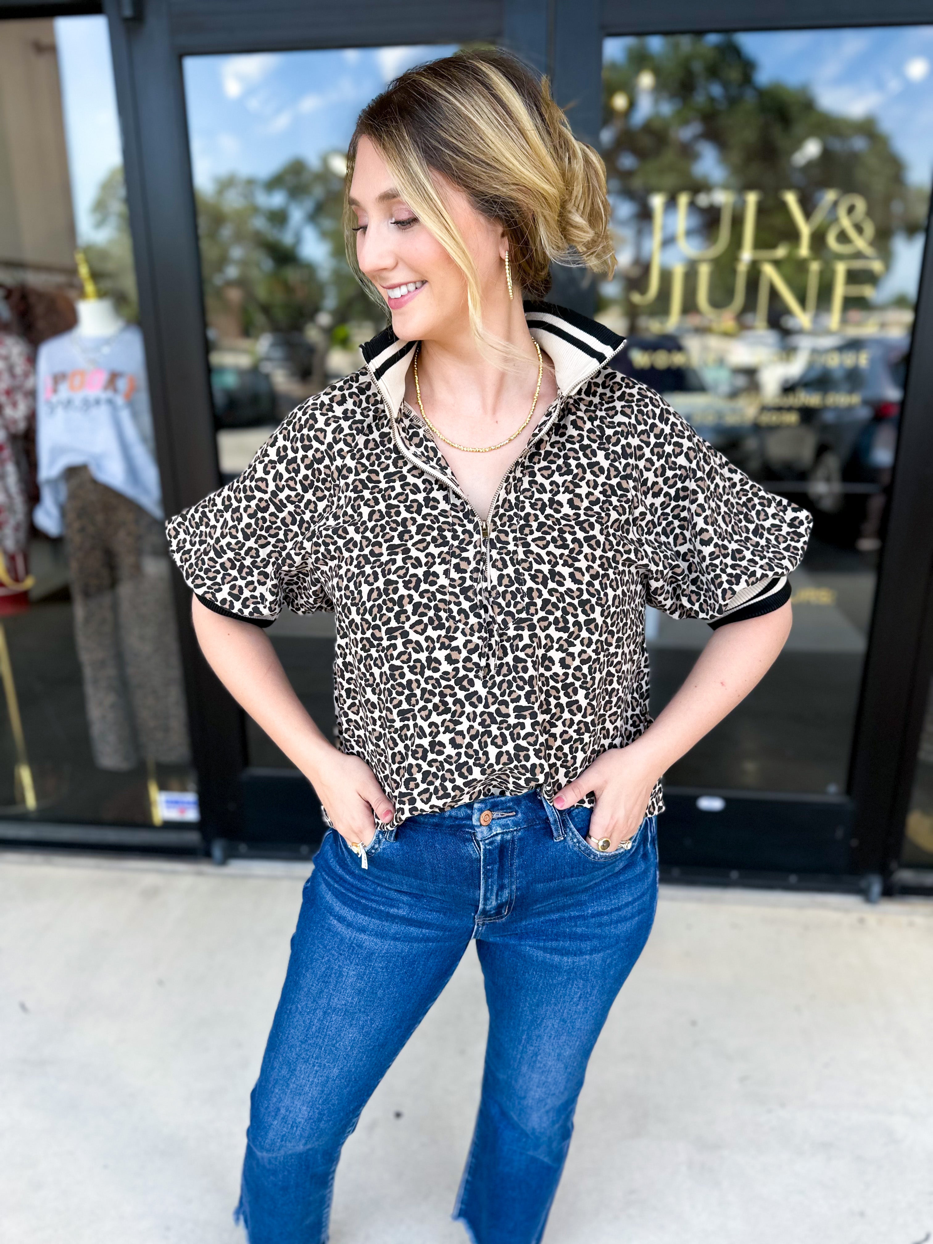 Zip Up Cheetah Top-200 Fashion Blouses-ENTRO-July & June Women's Fashion Boutique Located in San Antonio, Texas