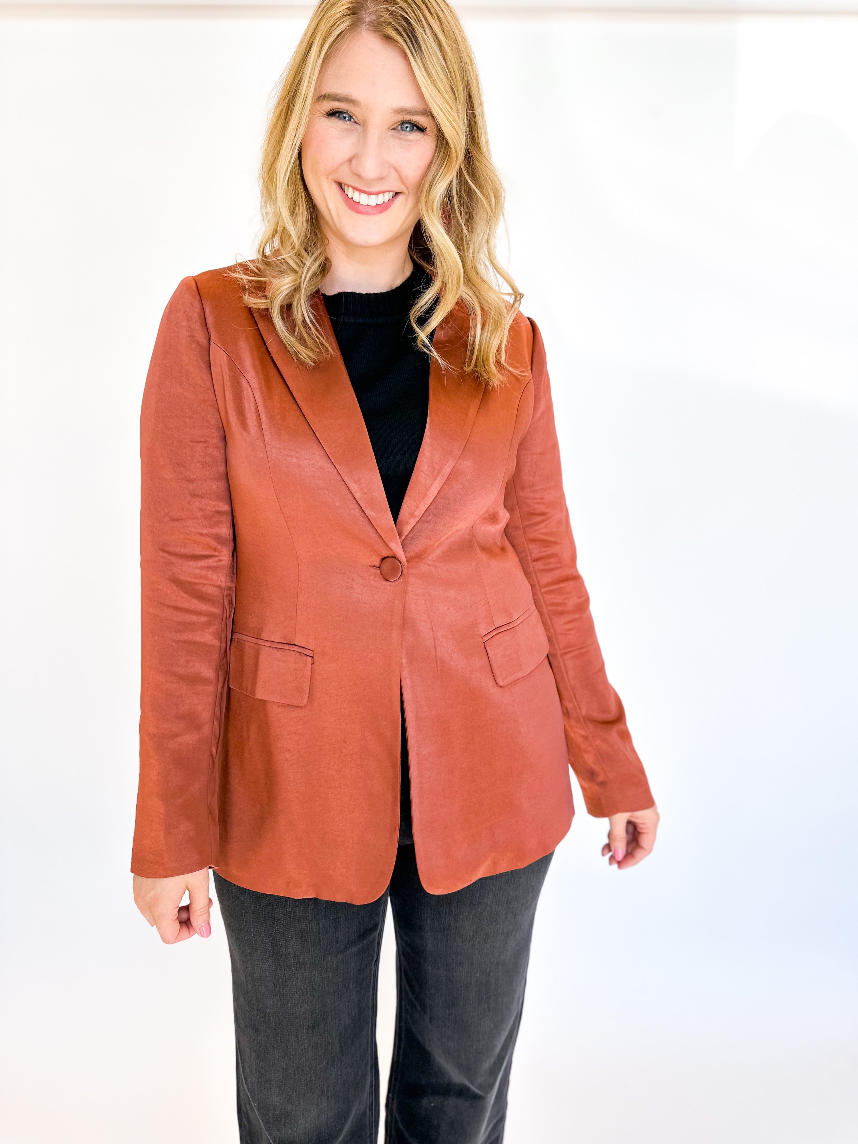 The It Girl Satin Blazer - Bronze-600 Outerwear-SKIES ARE BLUE-July & June Women's Fashion Boutique Located in San Antonio, Texas