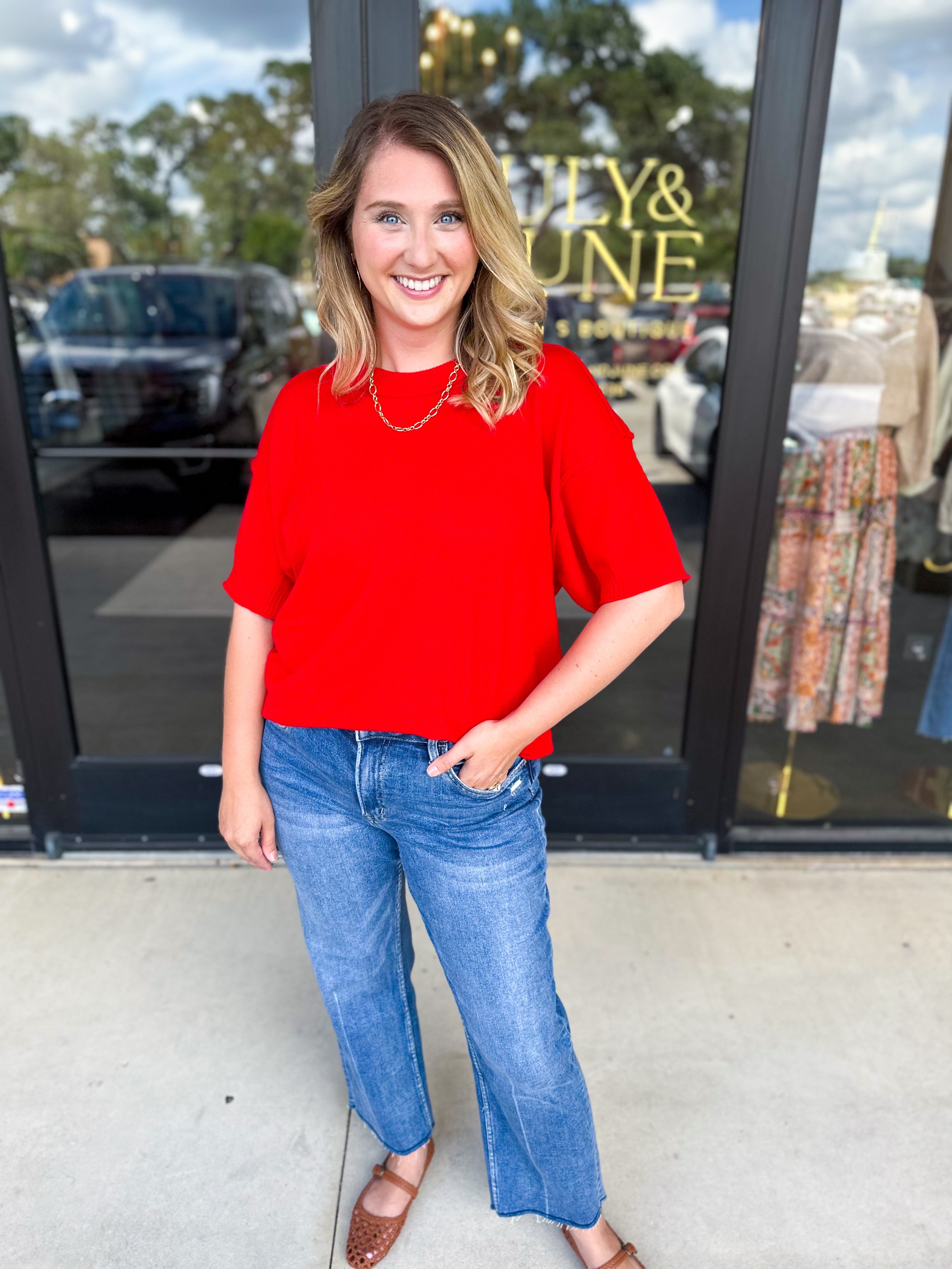The Ella Knit Sweater Top - Red-230 Sweaters/Cardis-JODIFL-July & June Women's Fashion Boutique Located in San Antonio, Texas
