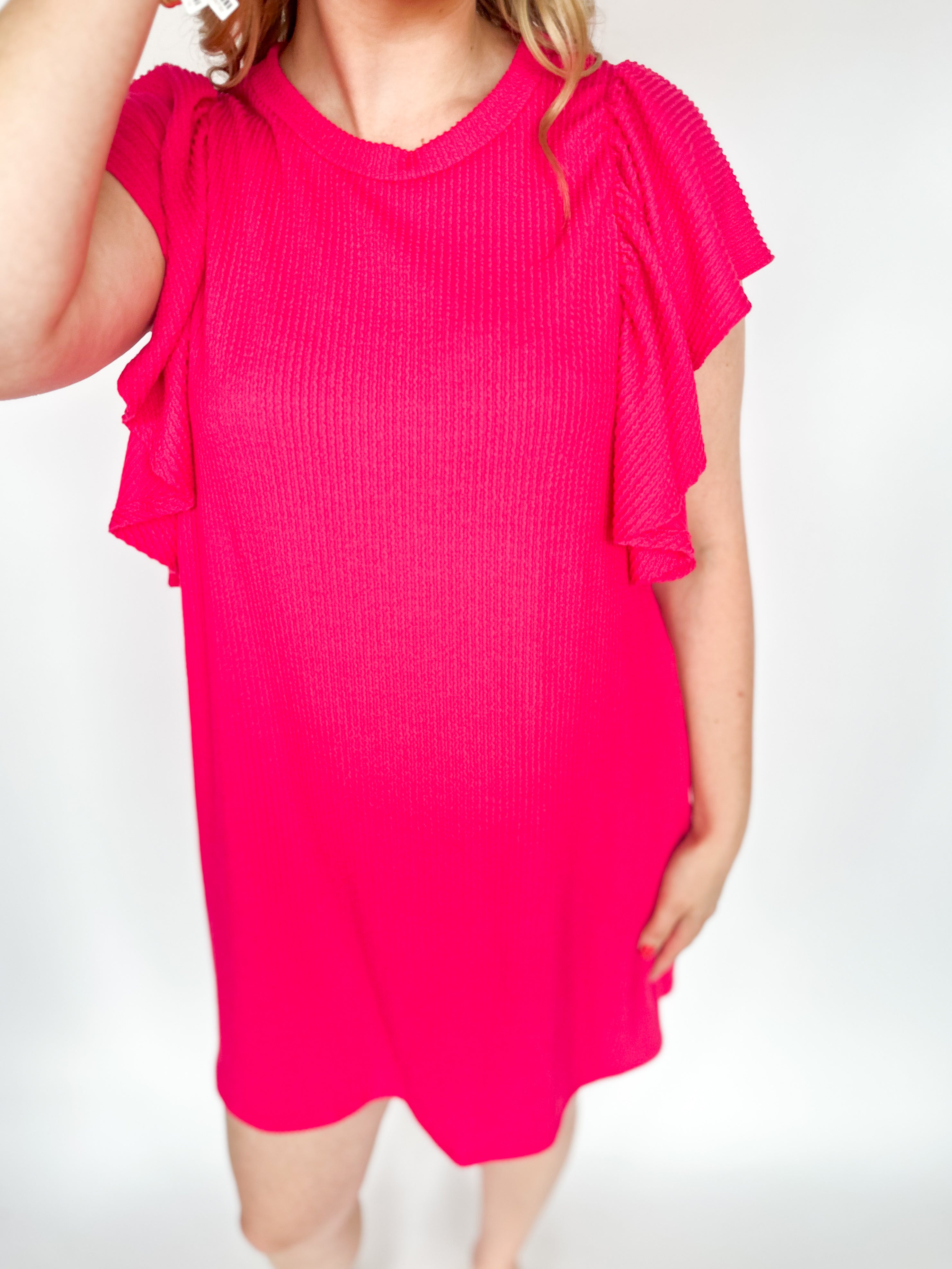 Ribbed Pink Ruffle T-Shirt Dress-510 Mini-ENTRO-July & June Women's Fashion Boutique Located in San Antonio, Texas