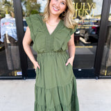 THML - Gather Midi Dress - Olive-500 Midi-THML-July & June Women's Fashion Boutique Located in San Antonio, Texas