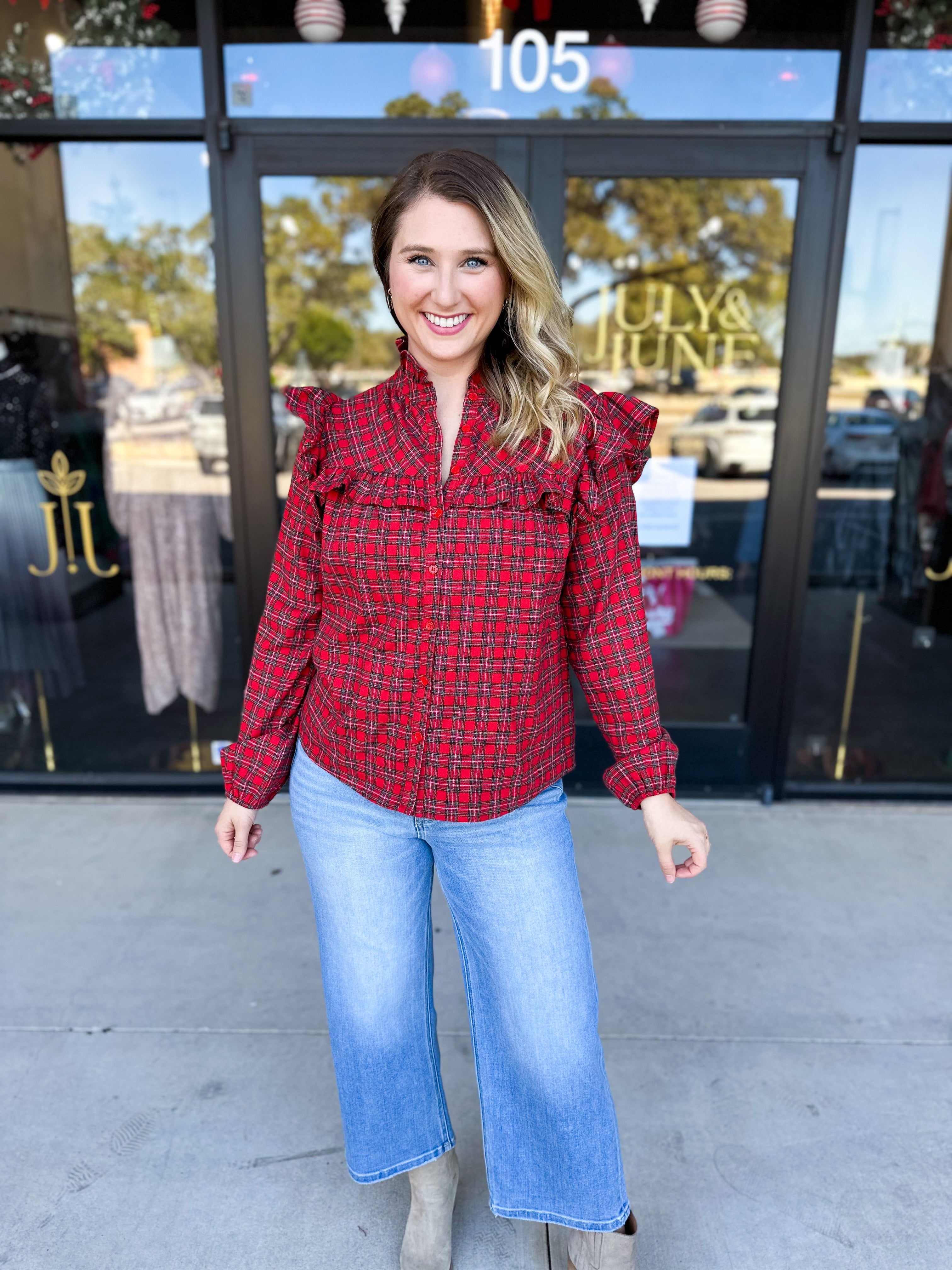 Tartan Ruffle Blouse-200 Fashion Blouses-FATE-July & June Women's Fashion Boutique Located in San Antonio, Texas