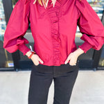 Burgundy Ruffle Blouse-200 Fashion Blouses-ENTRO-July & June Women's Fashion Boutique Located in San Antonio, Texas